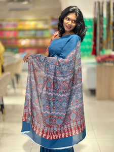 Ajrakh Inspired Print Pattern Cotton Saree |  VFC487