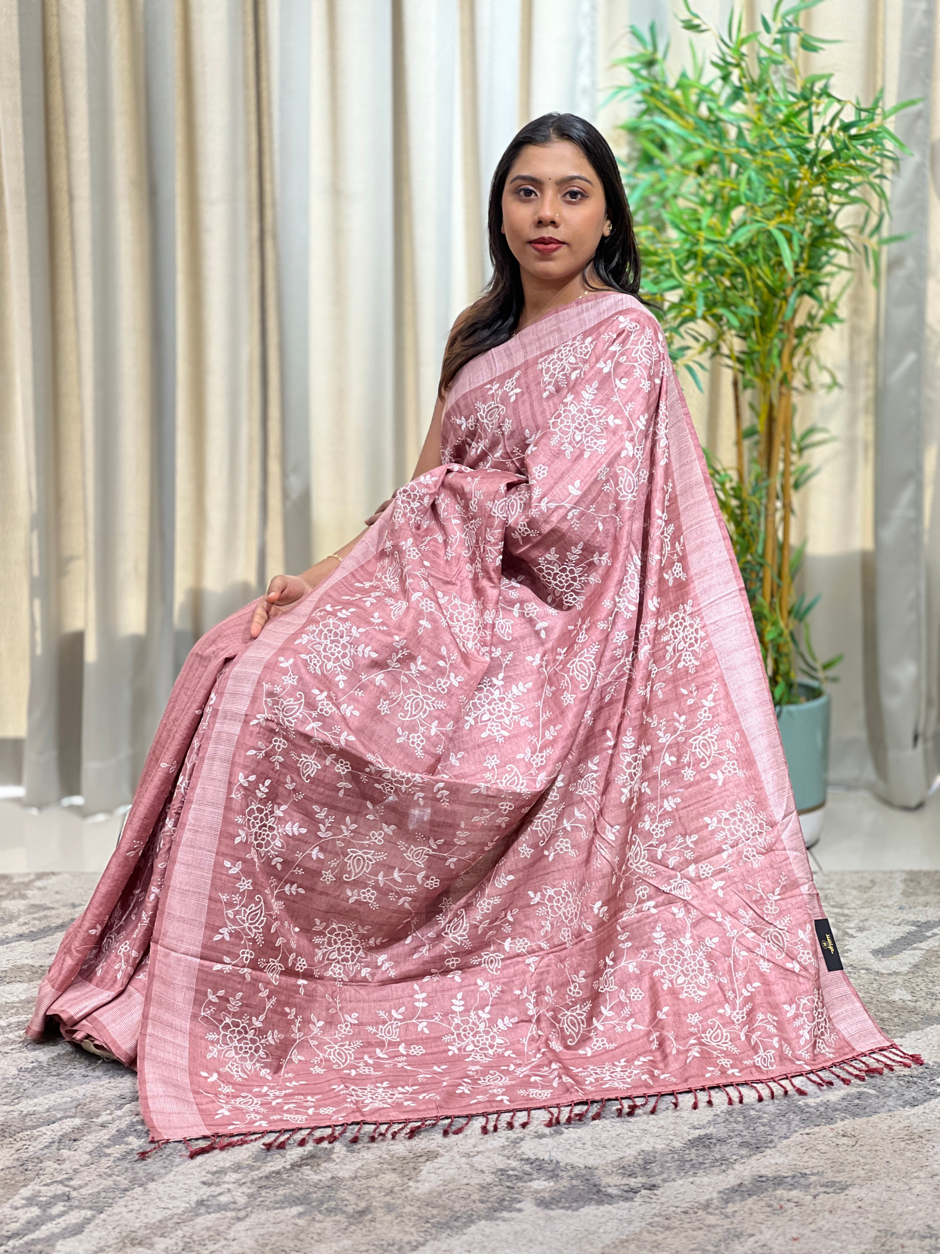 Floral Machine Embroidery Semi Tussar Saree | SUN817