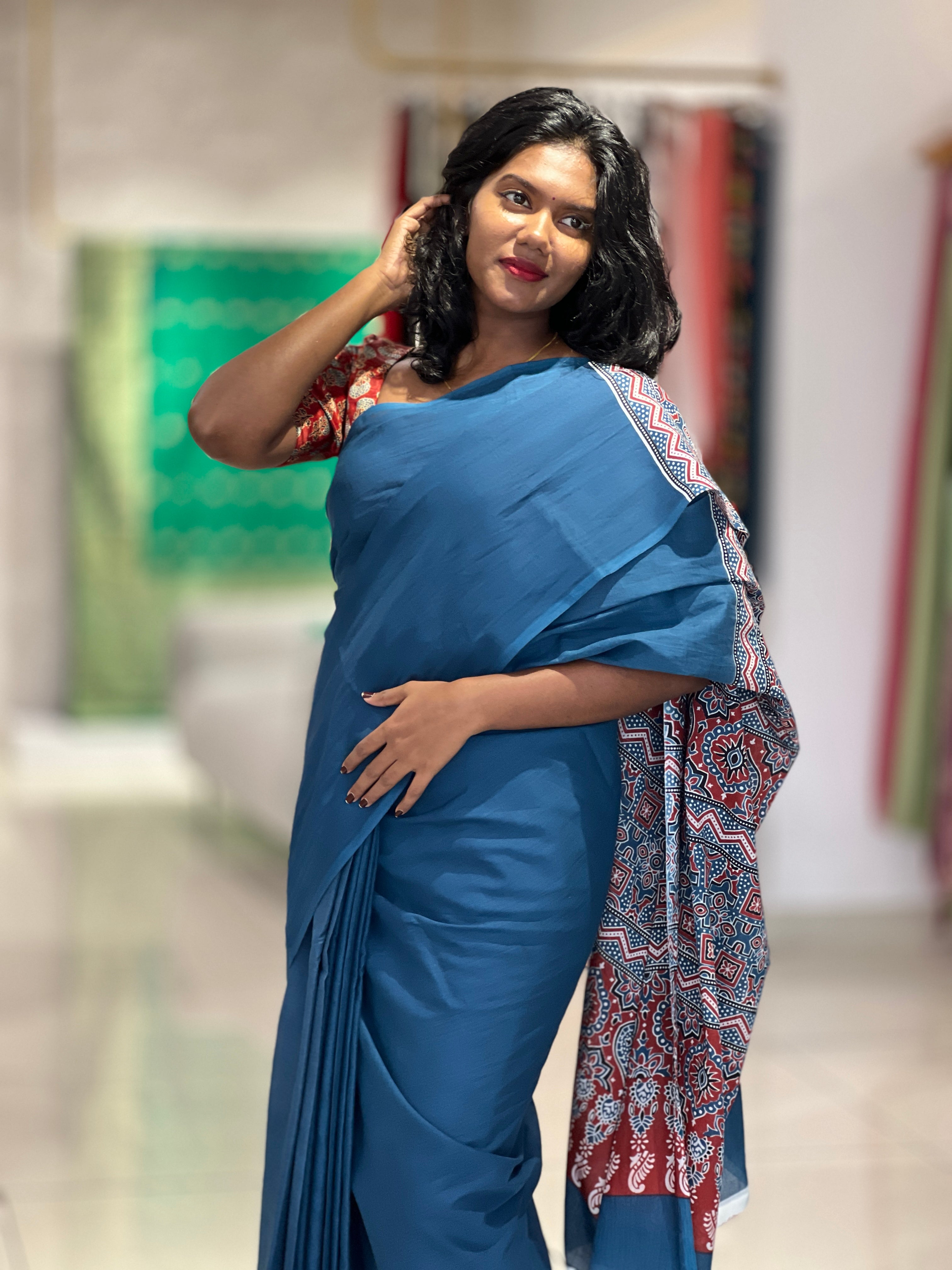 Ajrakh Inspired Print Pattern Cotton Saree |  VFC487