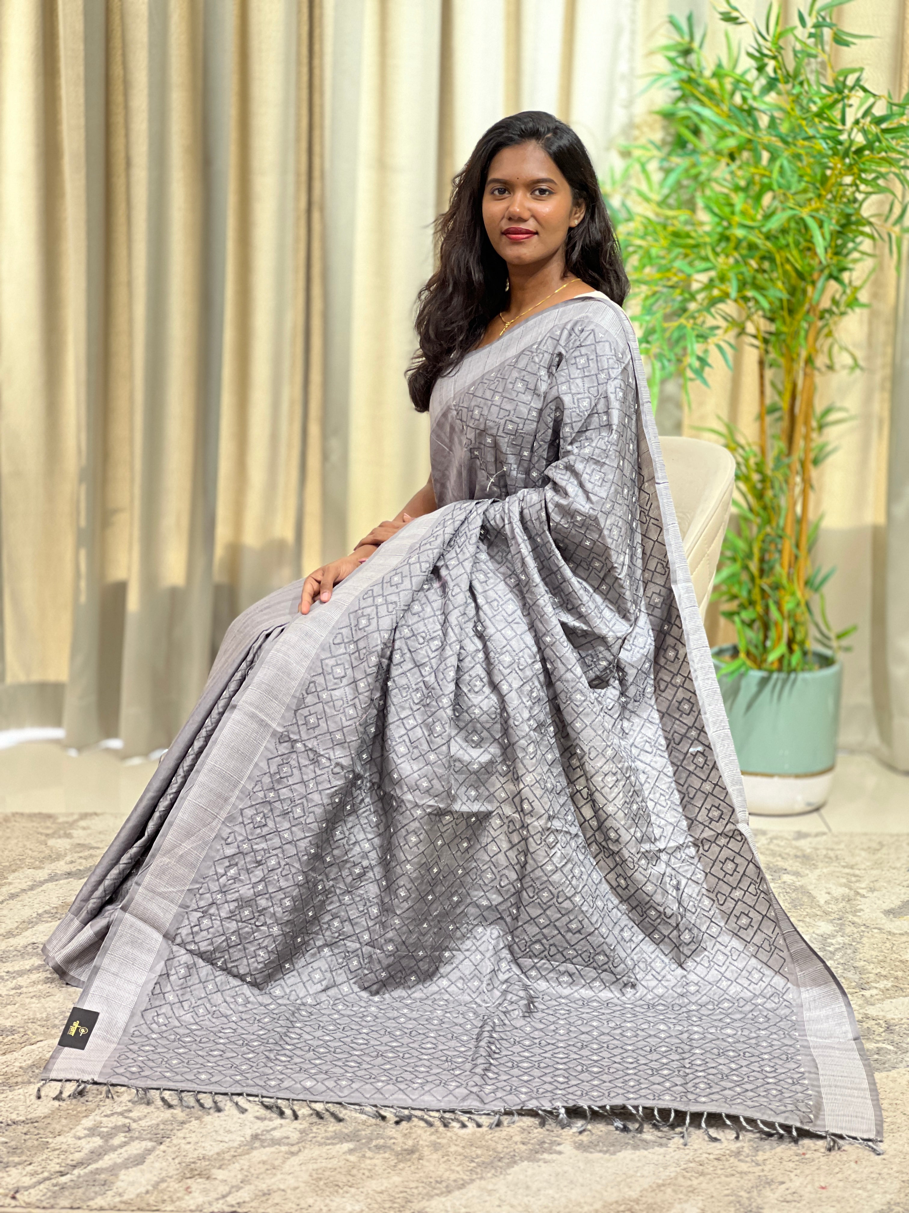 Cross Stitch Embroidery Semi Tussar Saree | SUN797