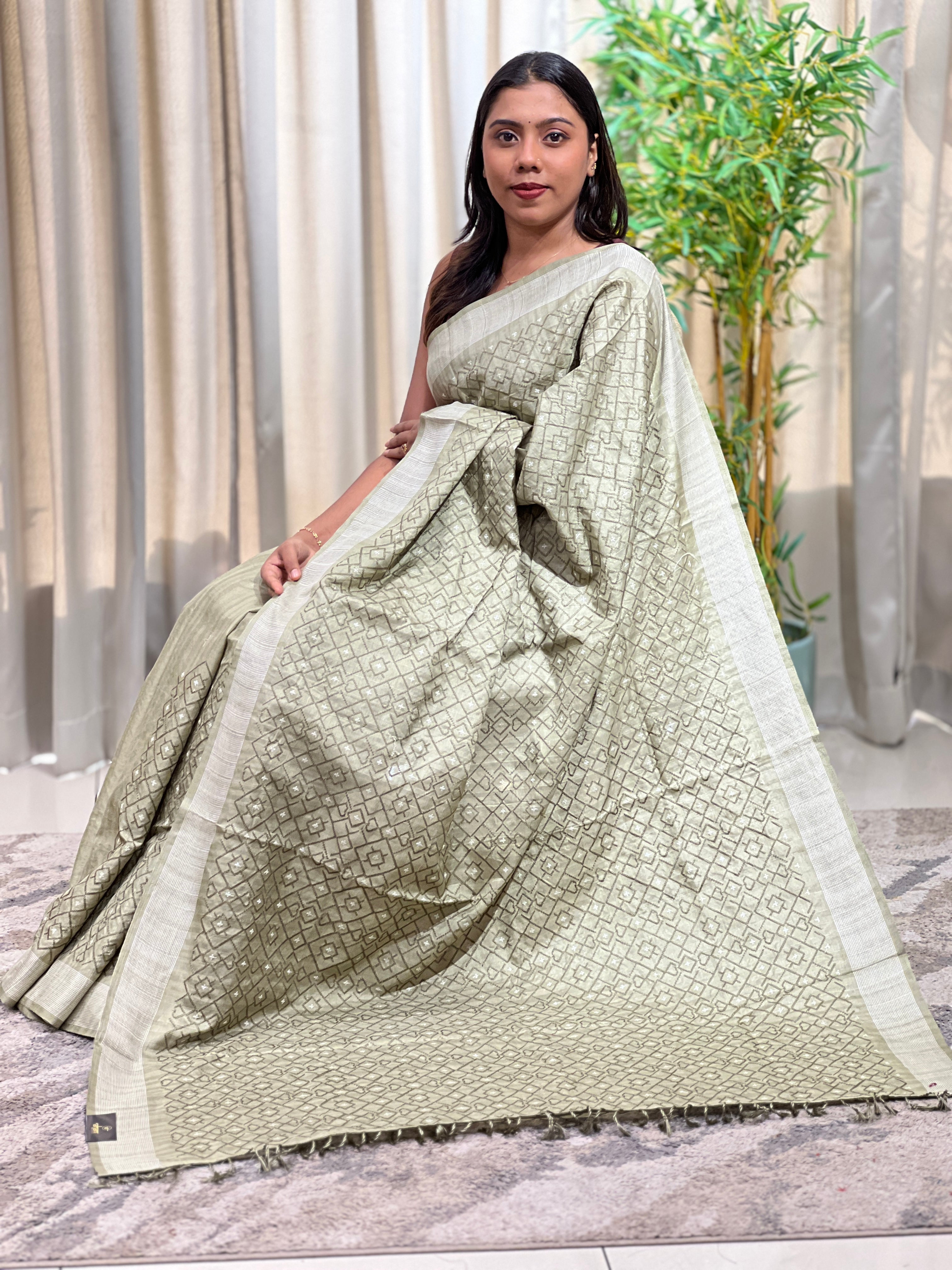 Cross Stitch Embroidery Semi Tussar Saree | SUN796