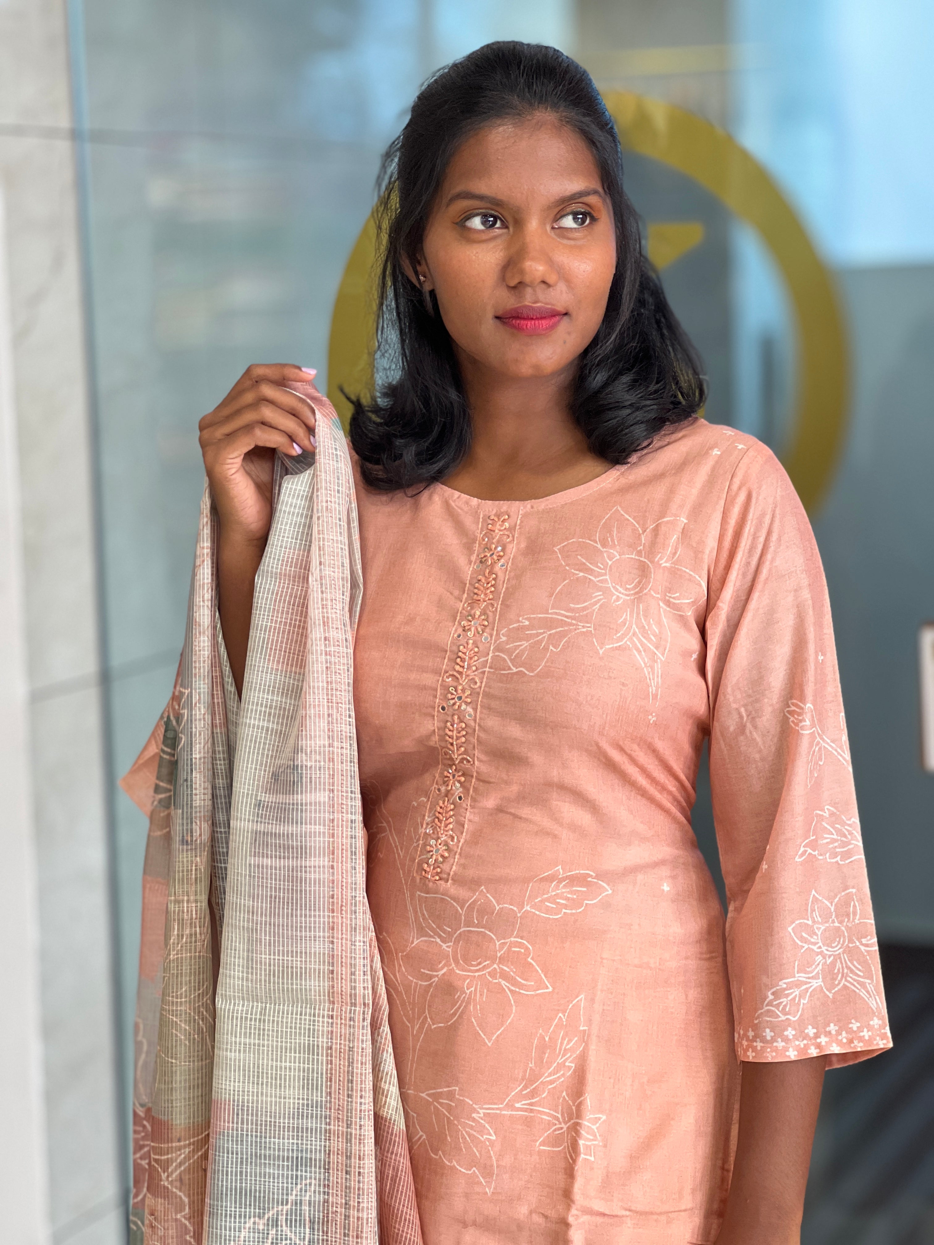 Print With Embroidery Detailed Cotton Blended Kurta Set | VFD113