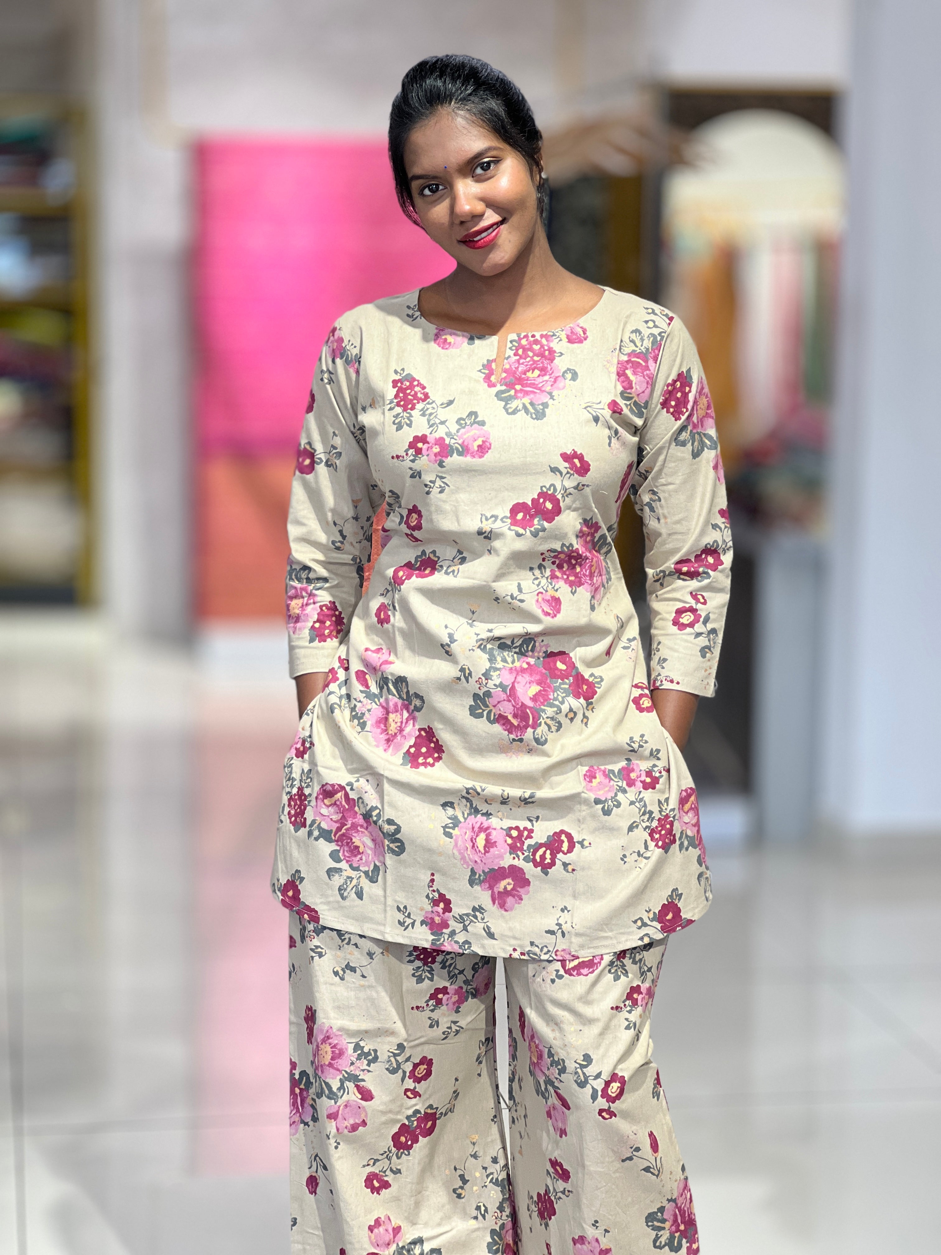 Floral Printed Pattern Cotton Kurta Set | VFD135