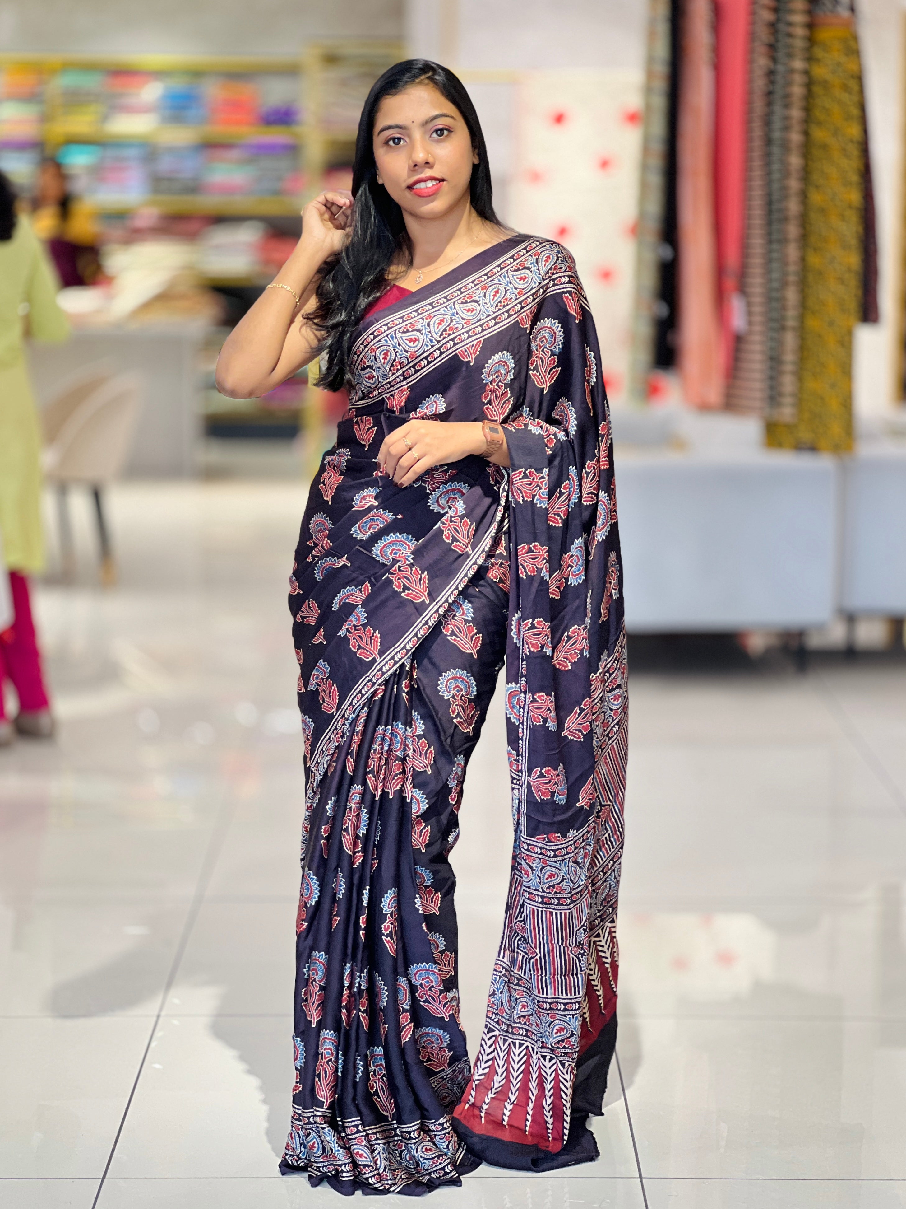 Traditional Ajrakh Detailed Modal Silk Saree | JT171