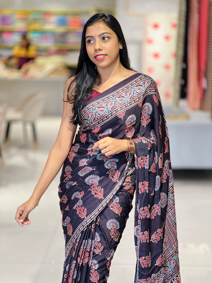 Traditional Ajrakh Detailed Modal Silk Saree | JT171