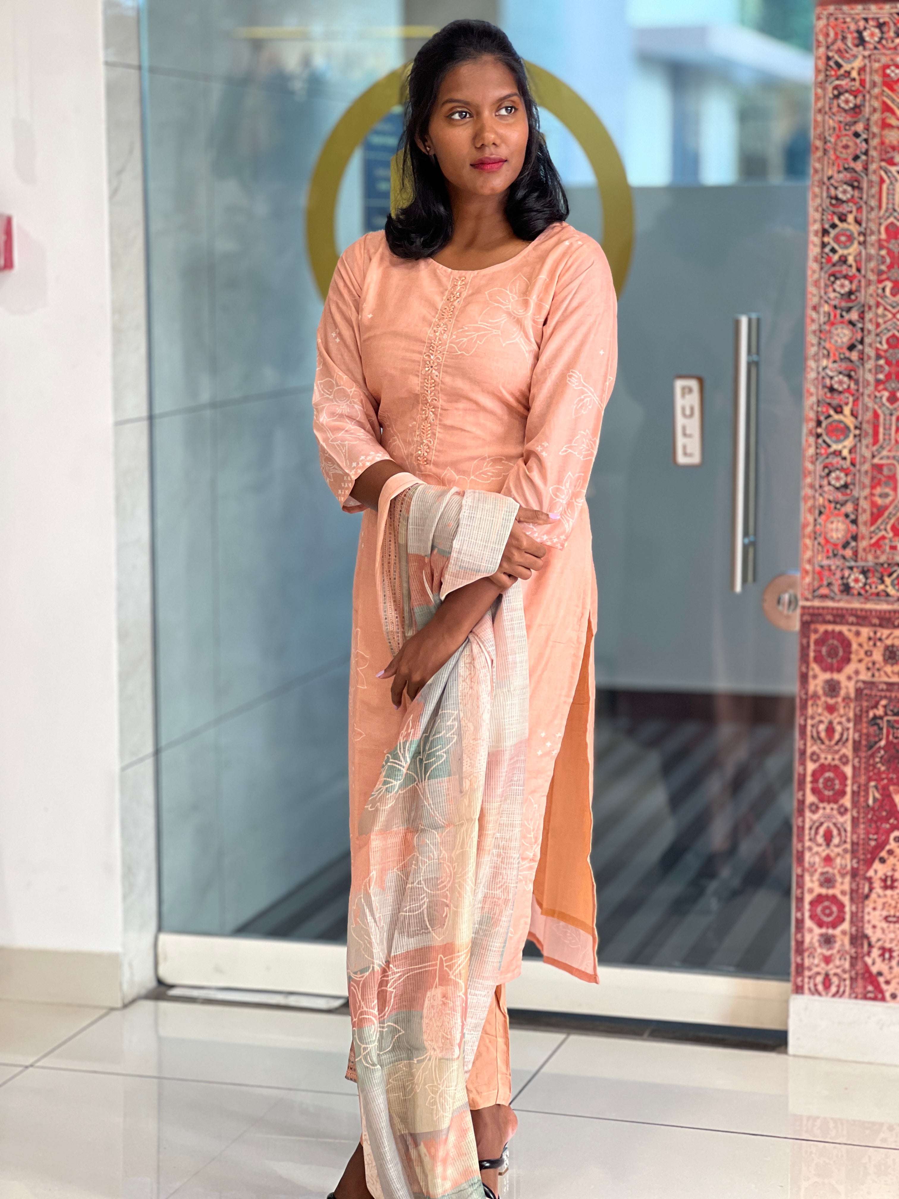 Print With Embroidery Detailed Cotton Blended Kurta Set | VFD113