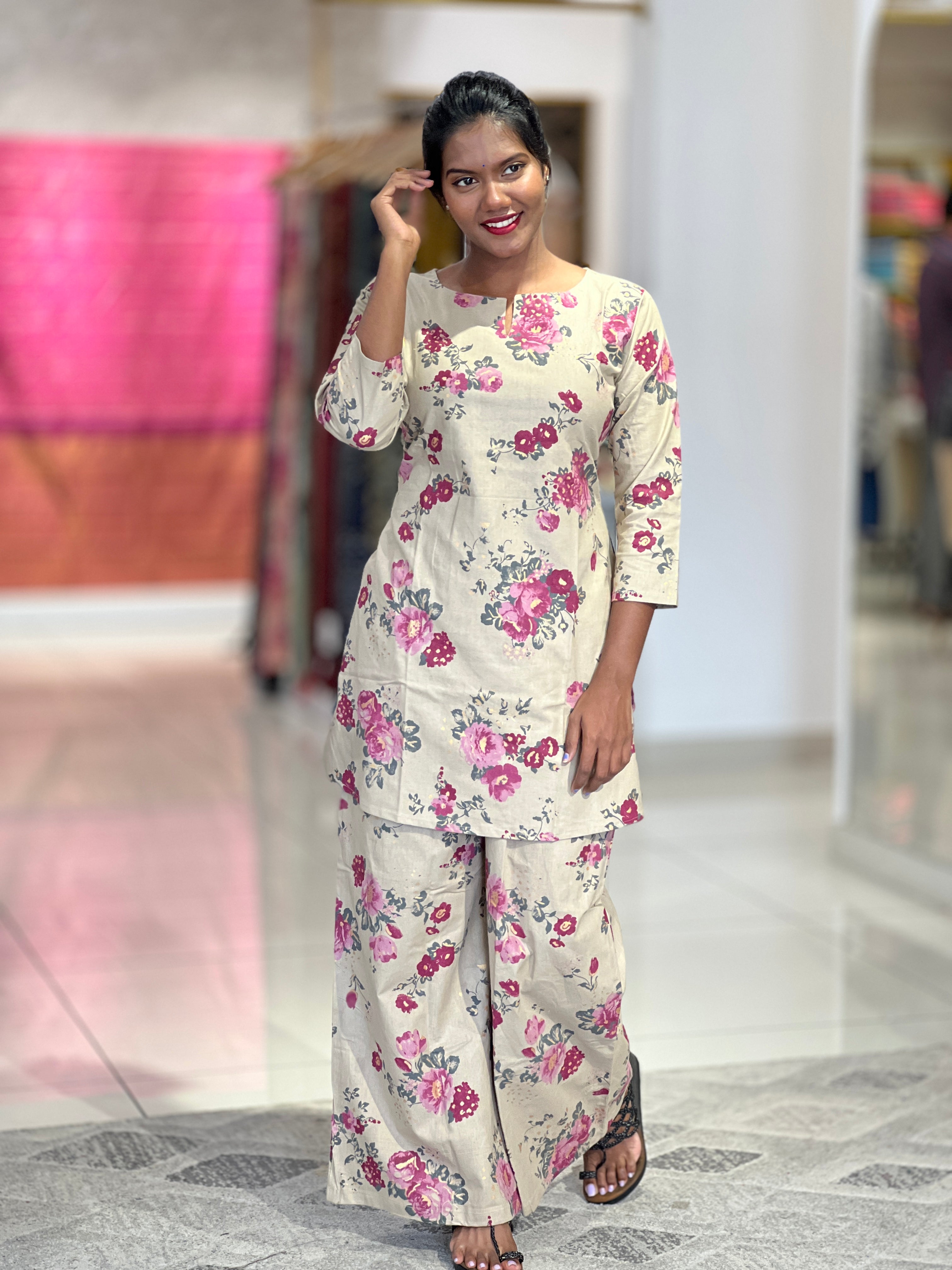 Floral Printed Pattern Cotton Kurta Set | VFD135