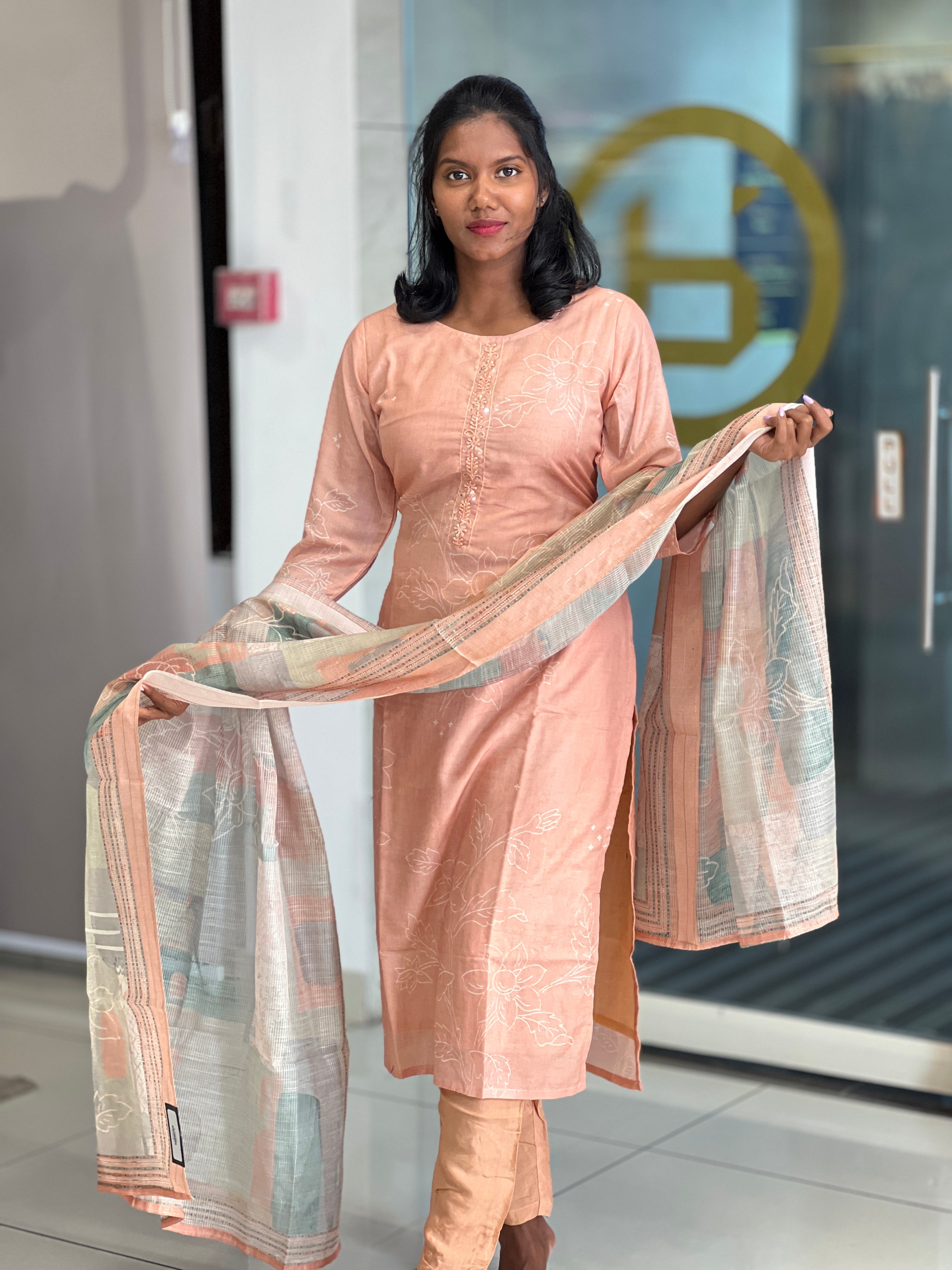 Print With Embroidery Detailed Cotton Blended Kurta Set | VFD113