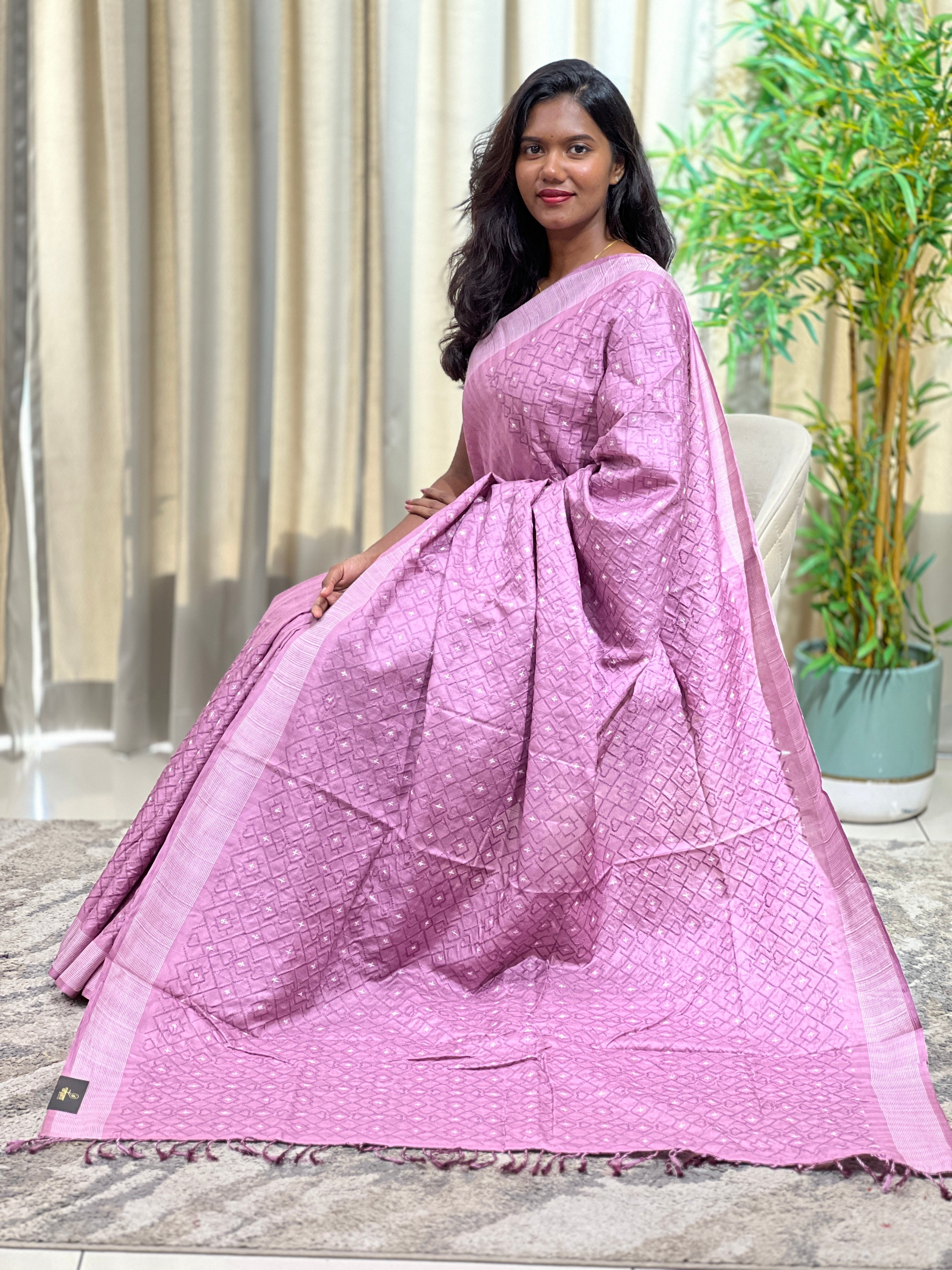 Cross Stitch Embroidery Semi Tussar Saree | SUN795