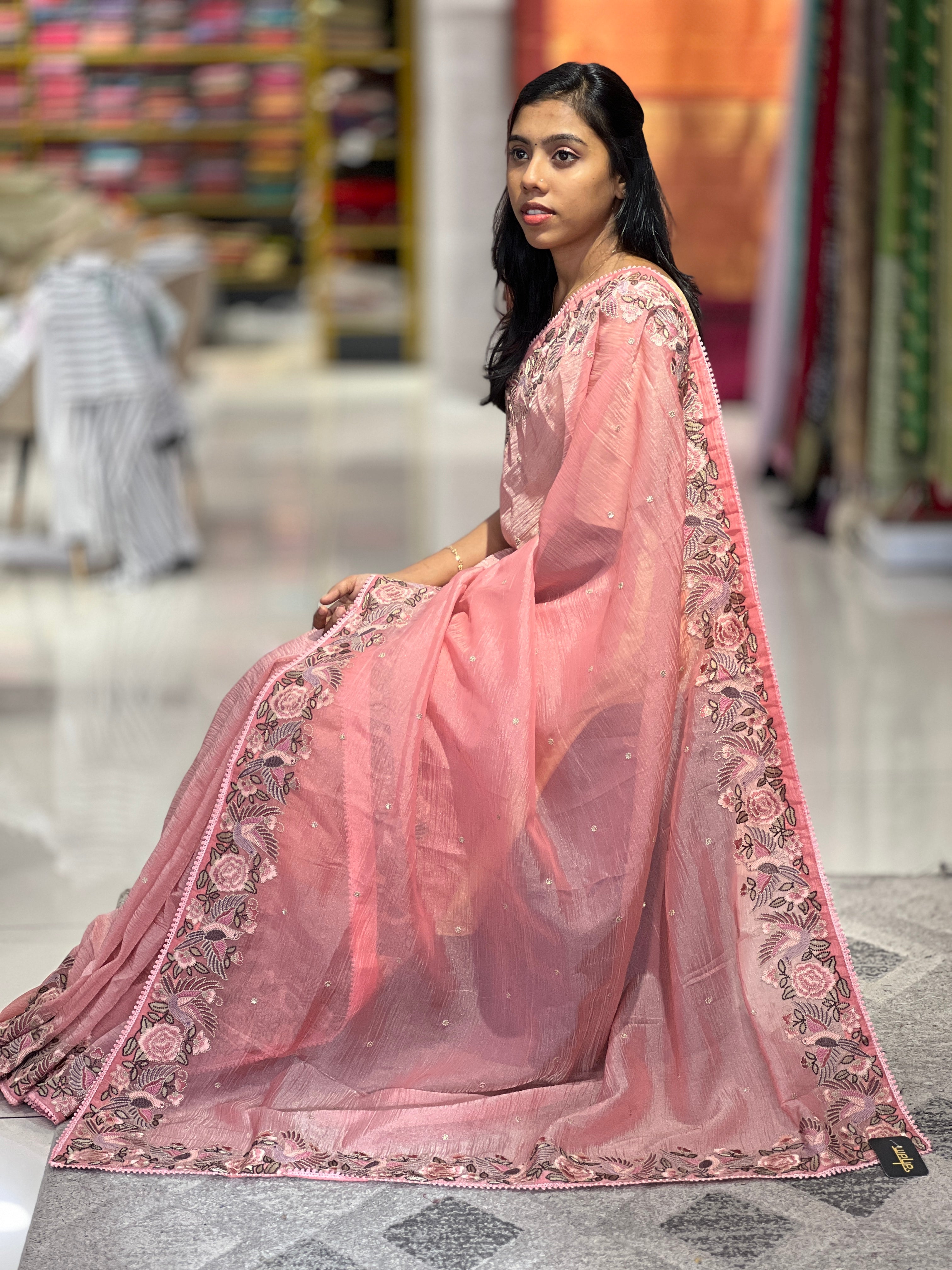 Point Embroidery Detailed Crushed Organza Saree | SUN203