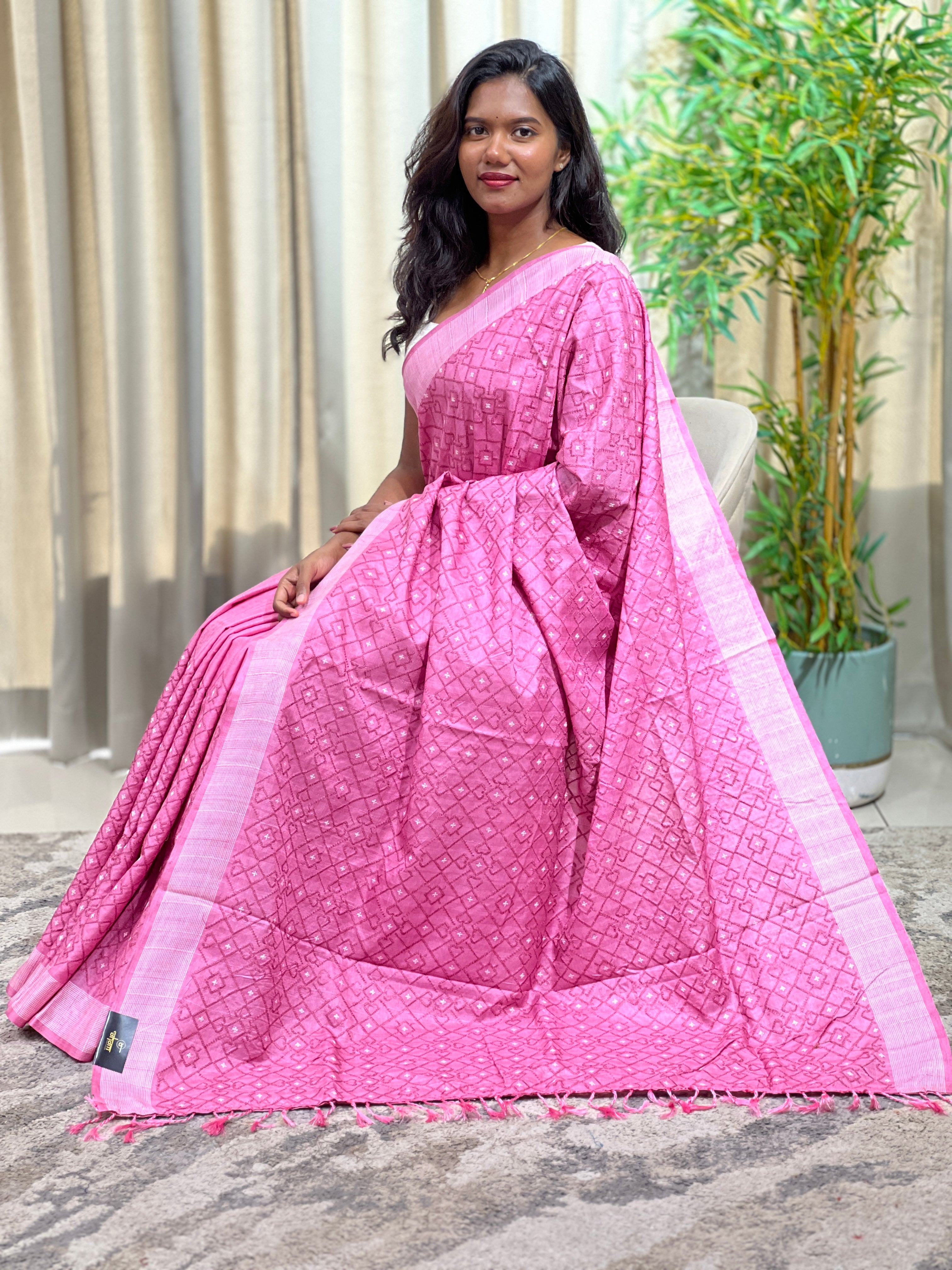 Cross Stitch Embroidery Semi Tussar Saree | SUN790