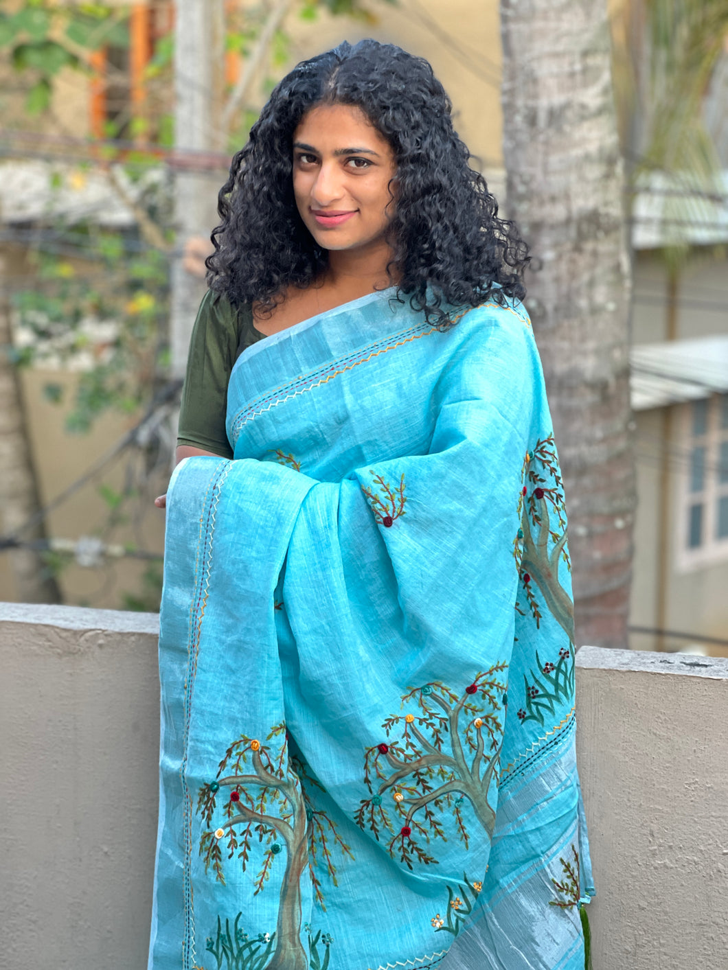 Painted & Hand Embroidery Bagalpuri Linen Saree | RP392