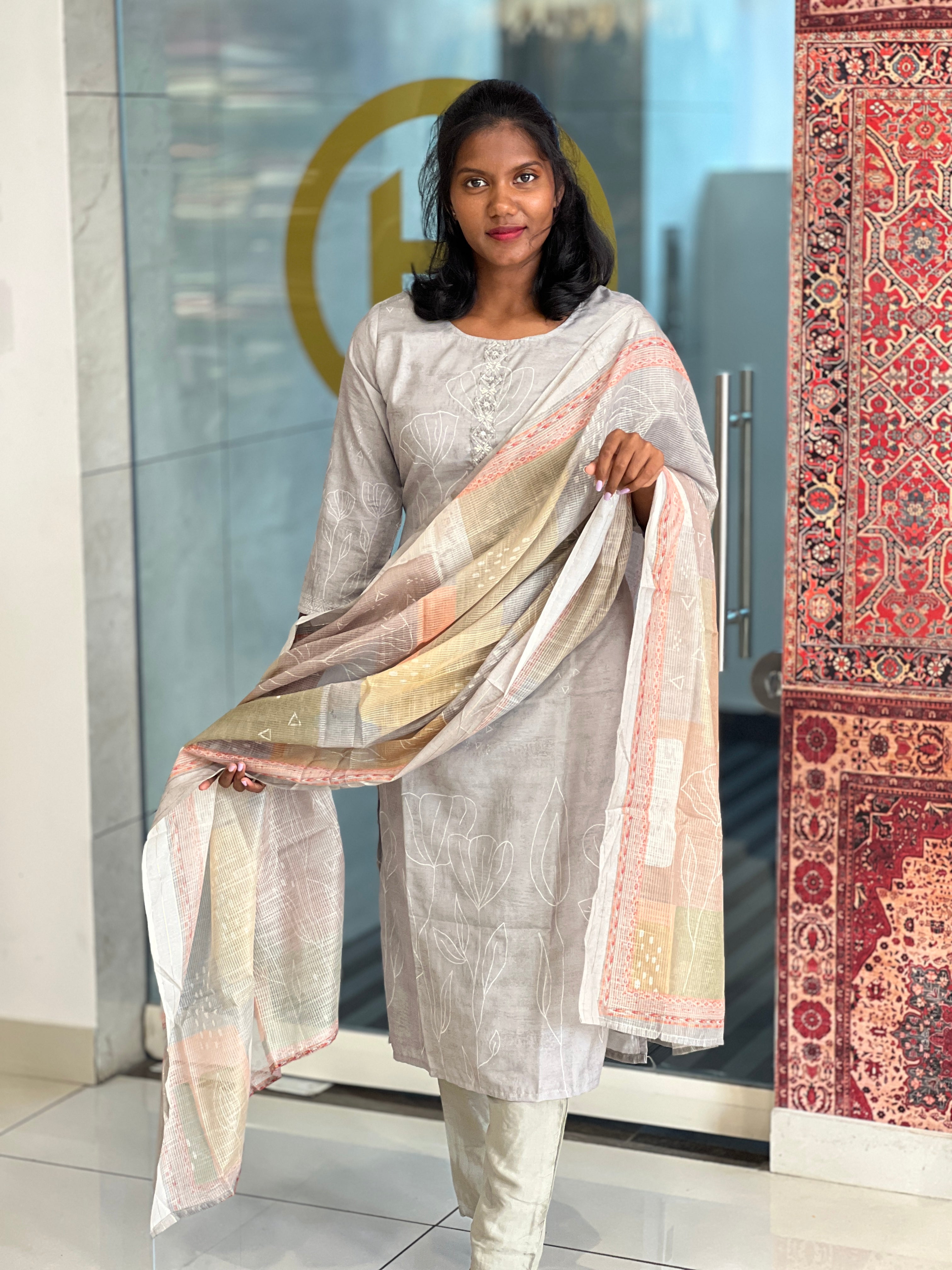Print With Embroidery Detailed Cotton Blended Kurta Set | VFD114