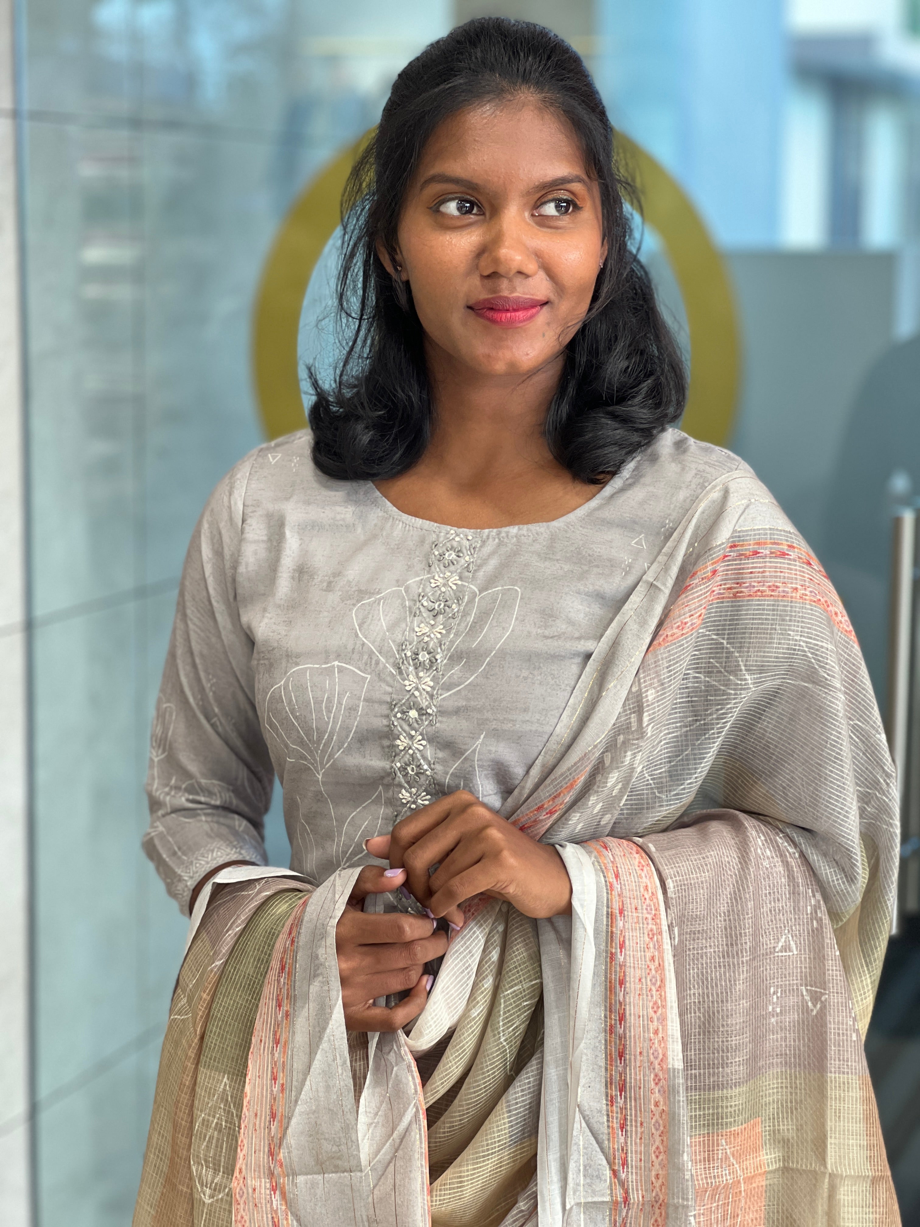 Print With Embroidery Detailed Cotton Blended Kurta Set | VFD114