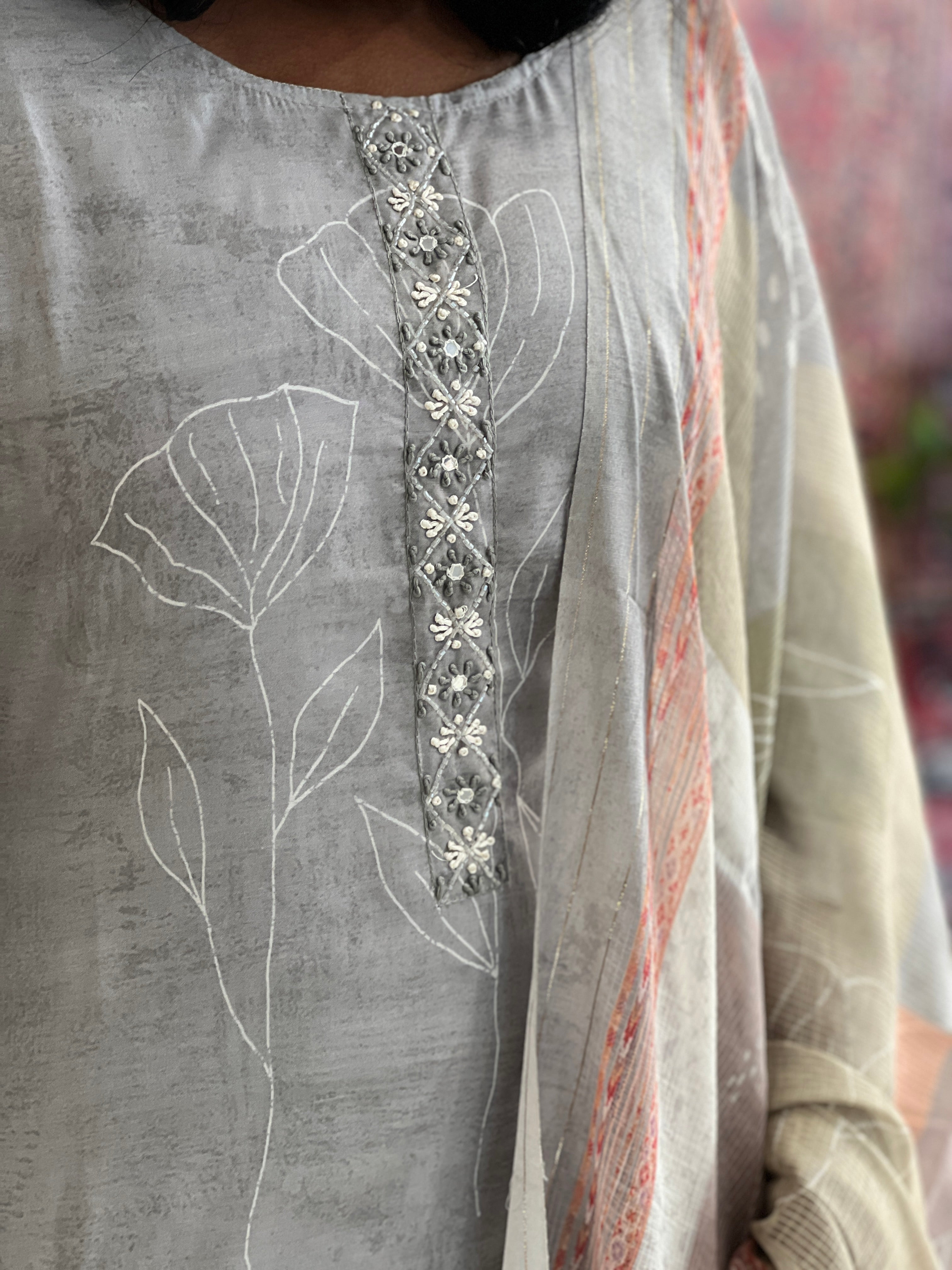 Print With Embroidery Detailed Cotton Blended Kurta Set | VFD114