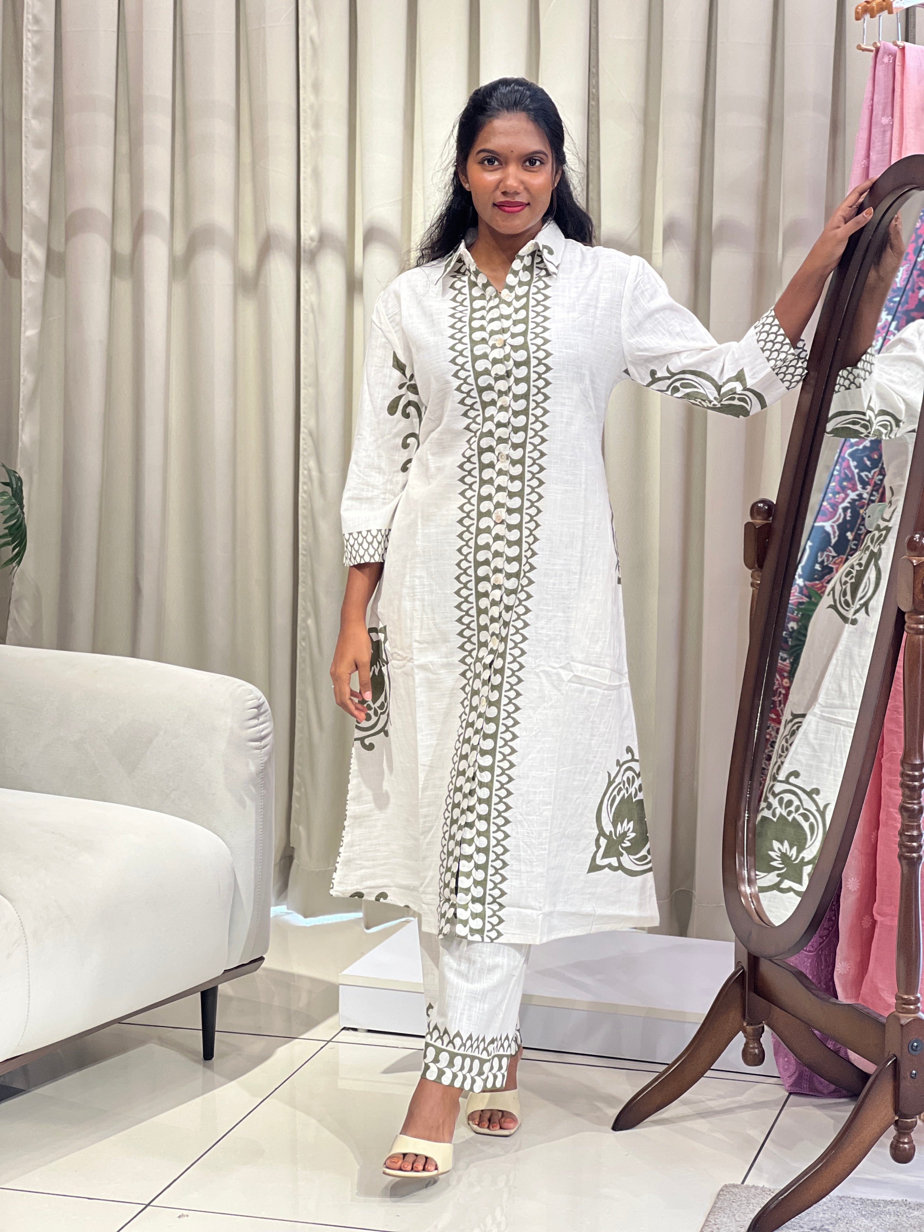 Screen Printed Pattern Slub Linen Cord Set | OMF183