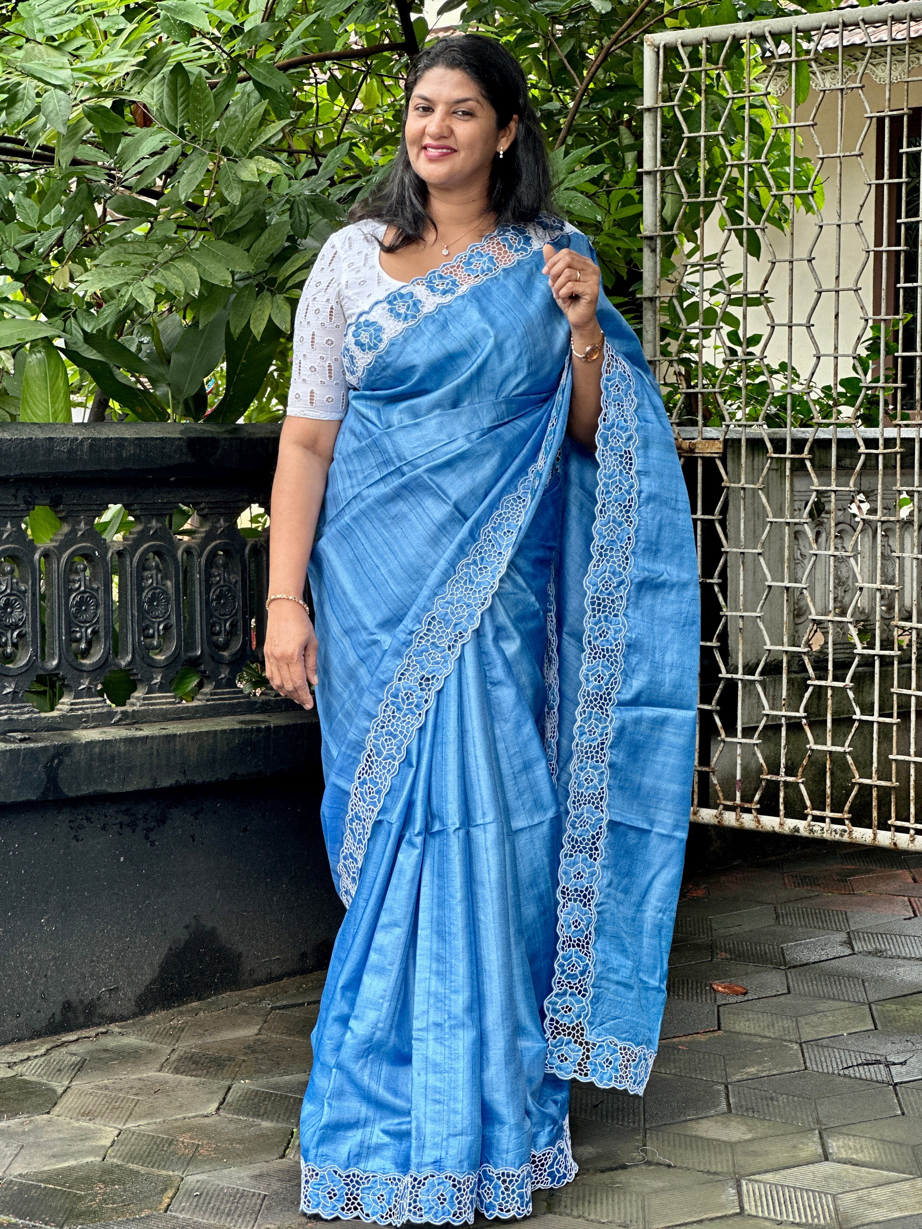 Twine Cut Work With Floral Embroidered  Pure Desi Tussar Saree | TC408