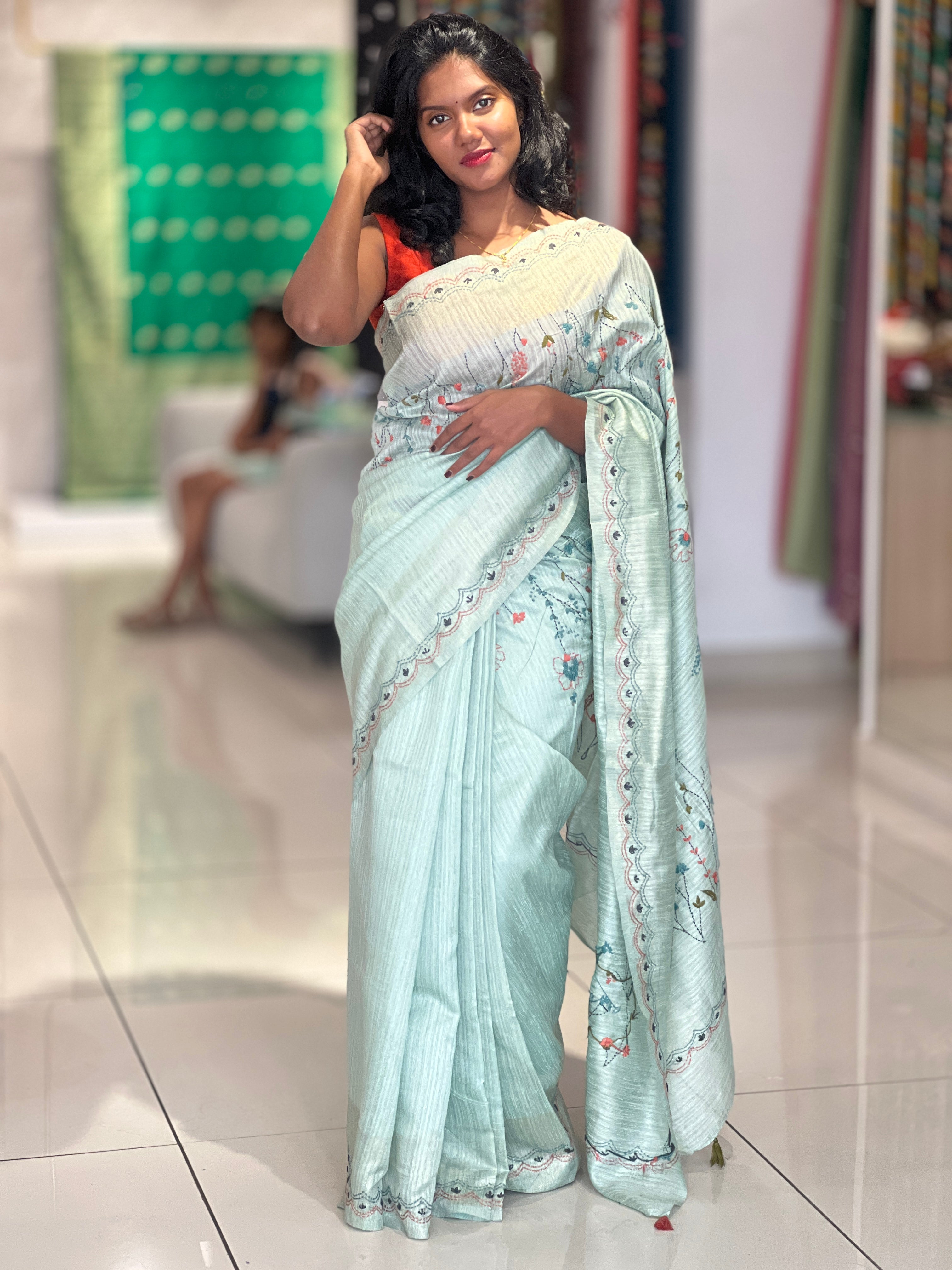 Hand Embroidery Floral Patterned Green Silk Saree | BLD1251