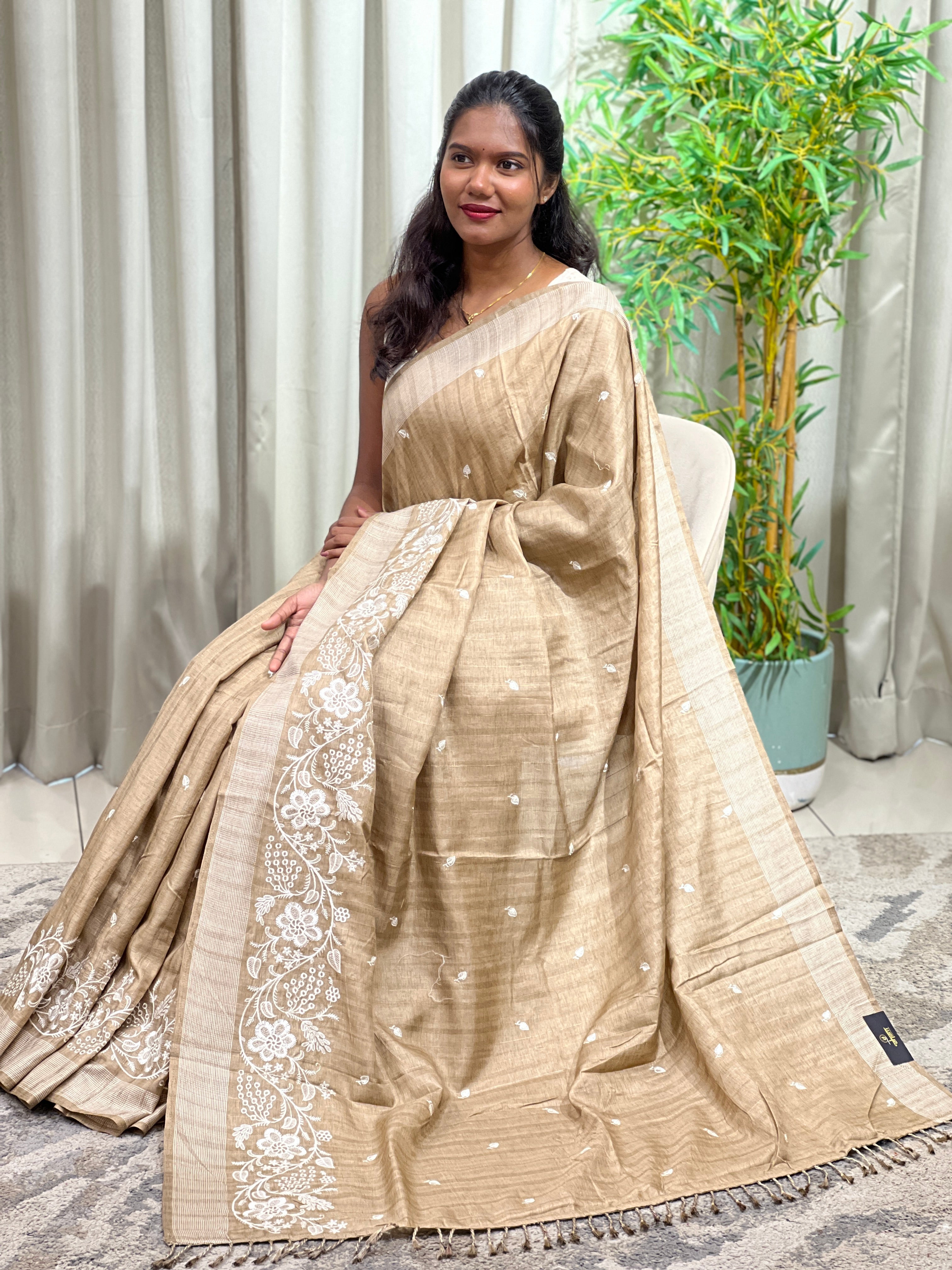 Embroidered Buta Woven Tussar Saree | SUN821