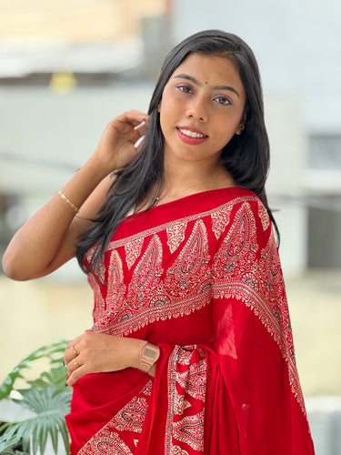Lagdi Patta With Ajrakh Detailed Modal Silk Saree | JT182