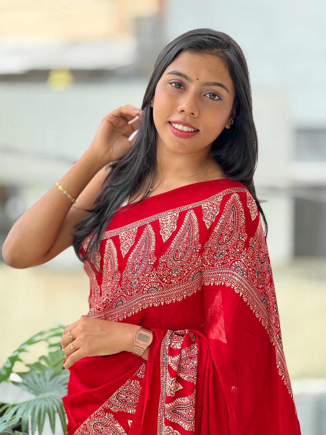 Lagdi Patta With Ajrakh Detailed Modal Silk Saree | JT182