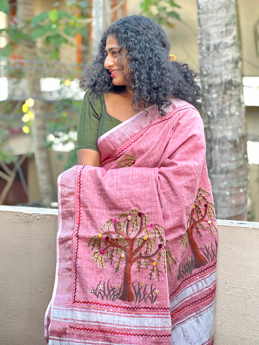 Painted & Hand Embroidery Bagalpuri Linen Saree | RP396