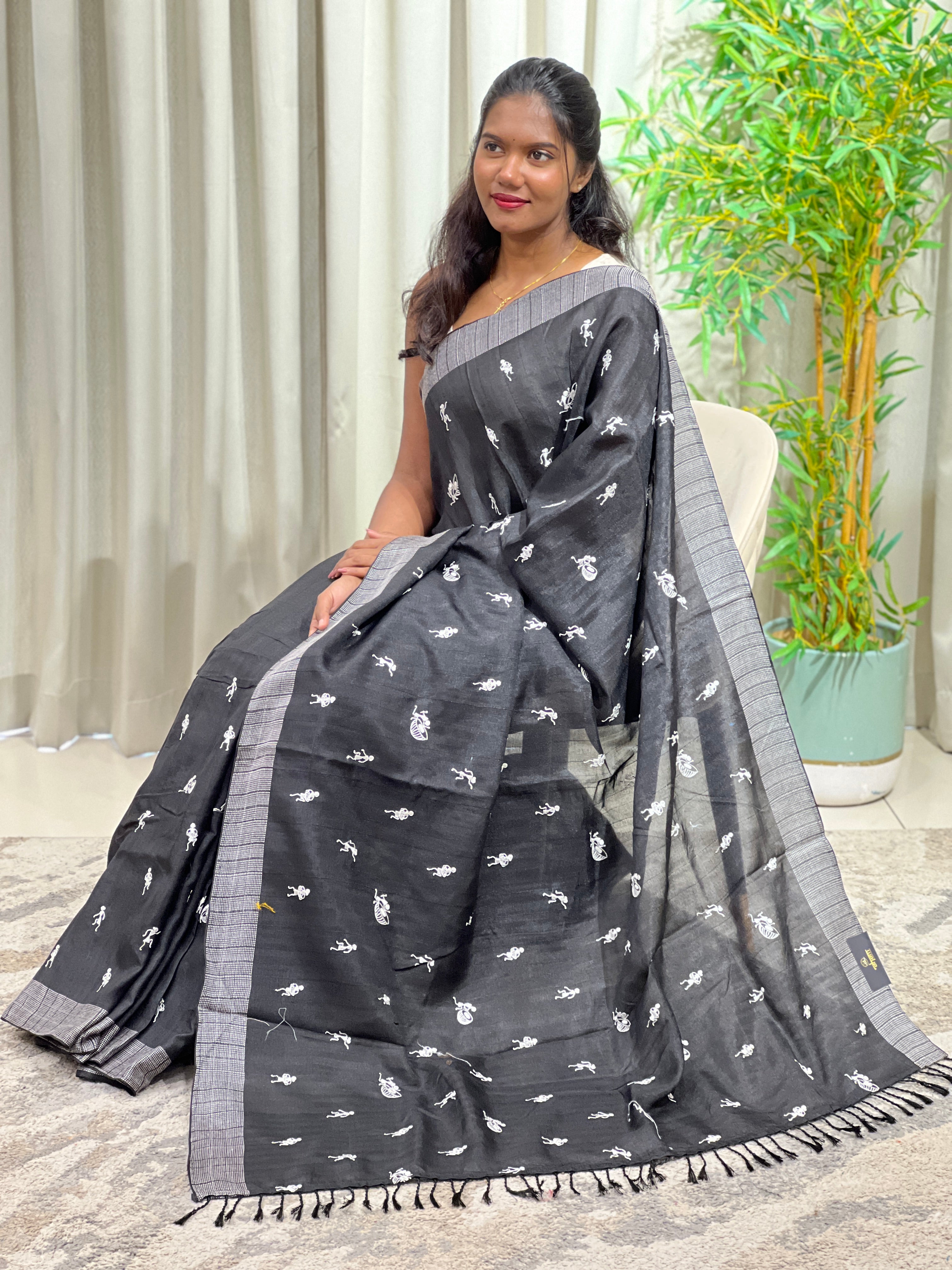 Warli Printed Pattern Tussar Saree | SUN811