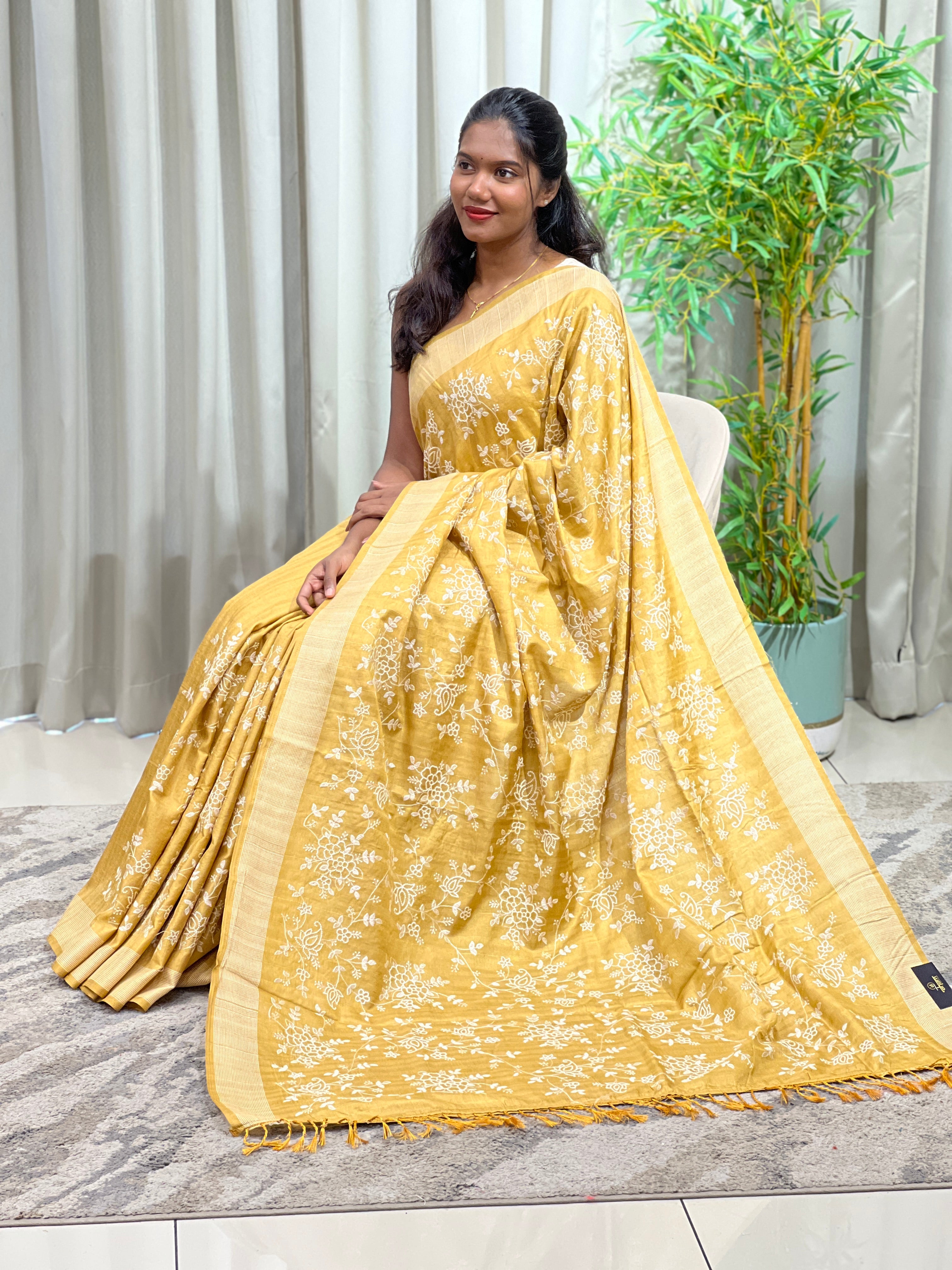 Point Embroidered Tussar Saree | SUN815