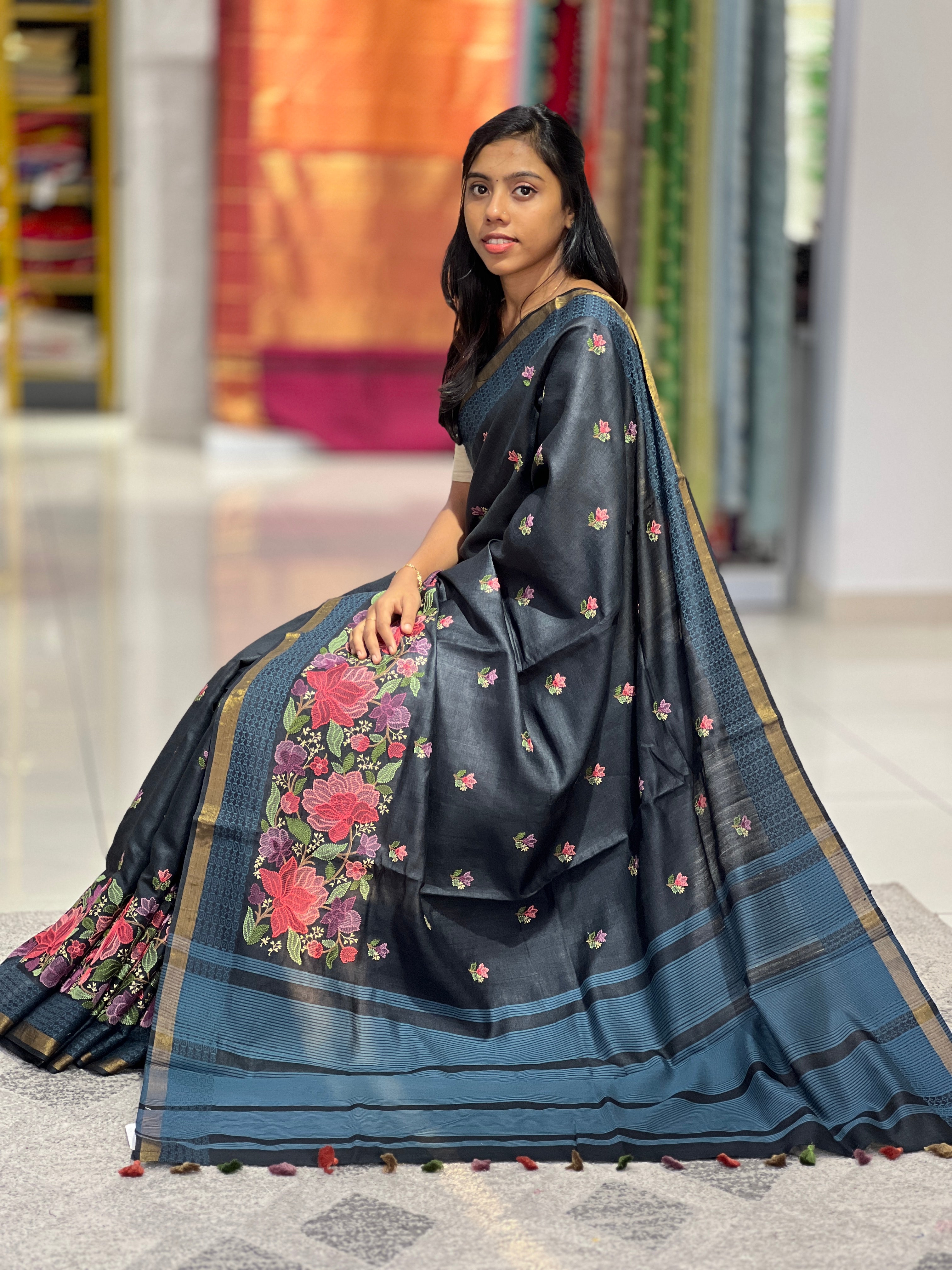 Floral Embroidered Tussar Saree | RGD603