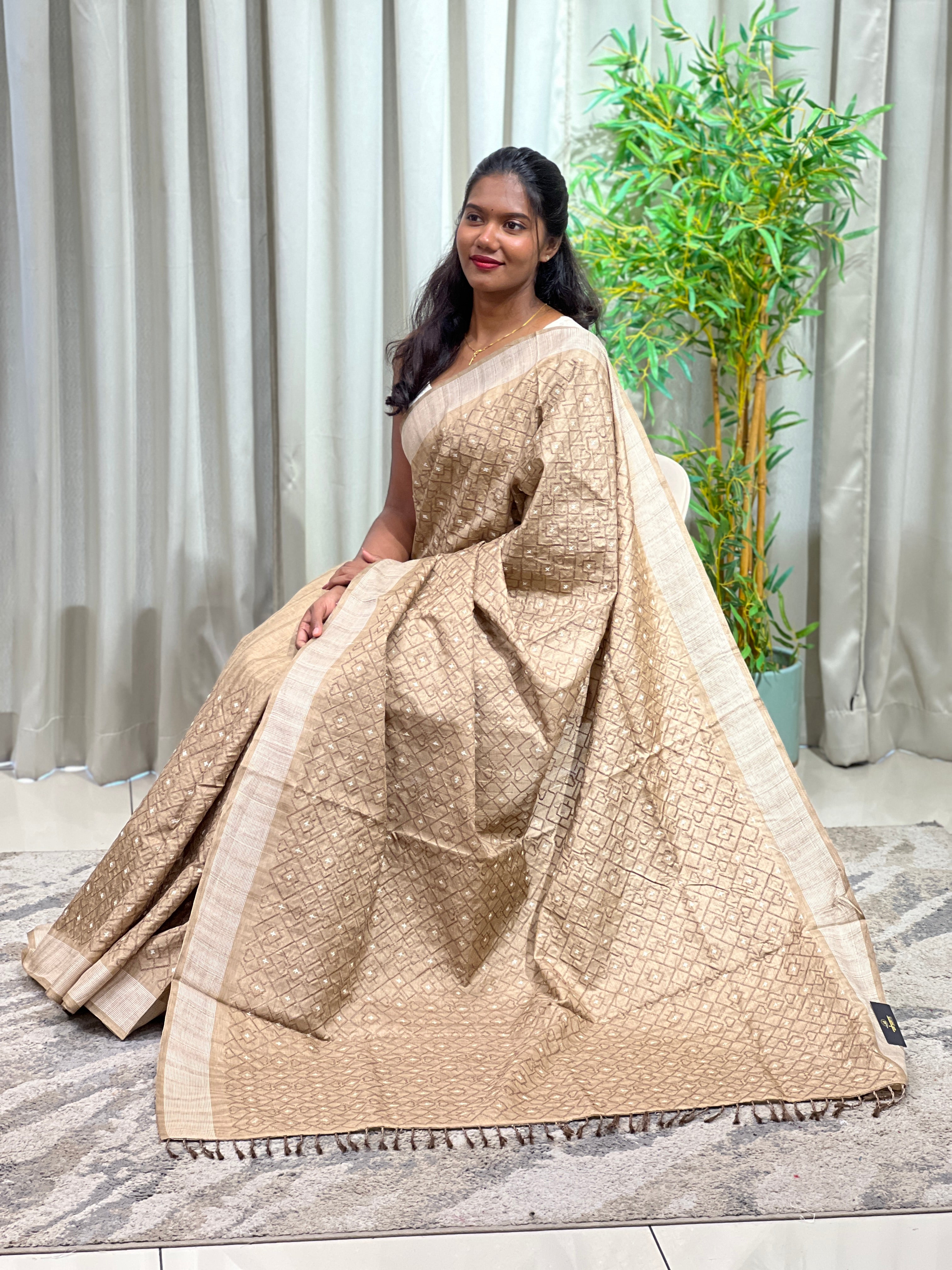 Cross Stitch Embroidery Semi Tussar Saree | SUN791