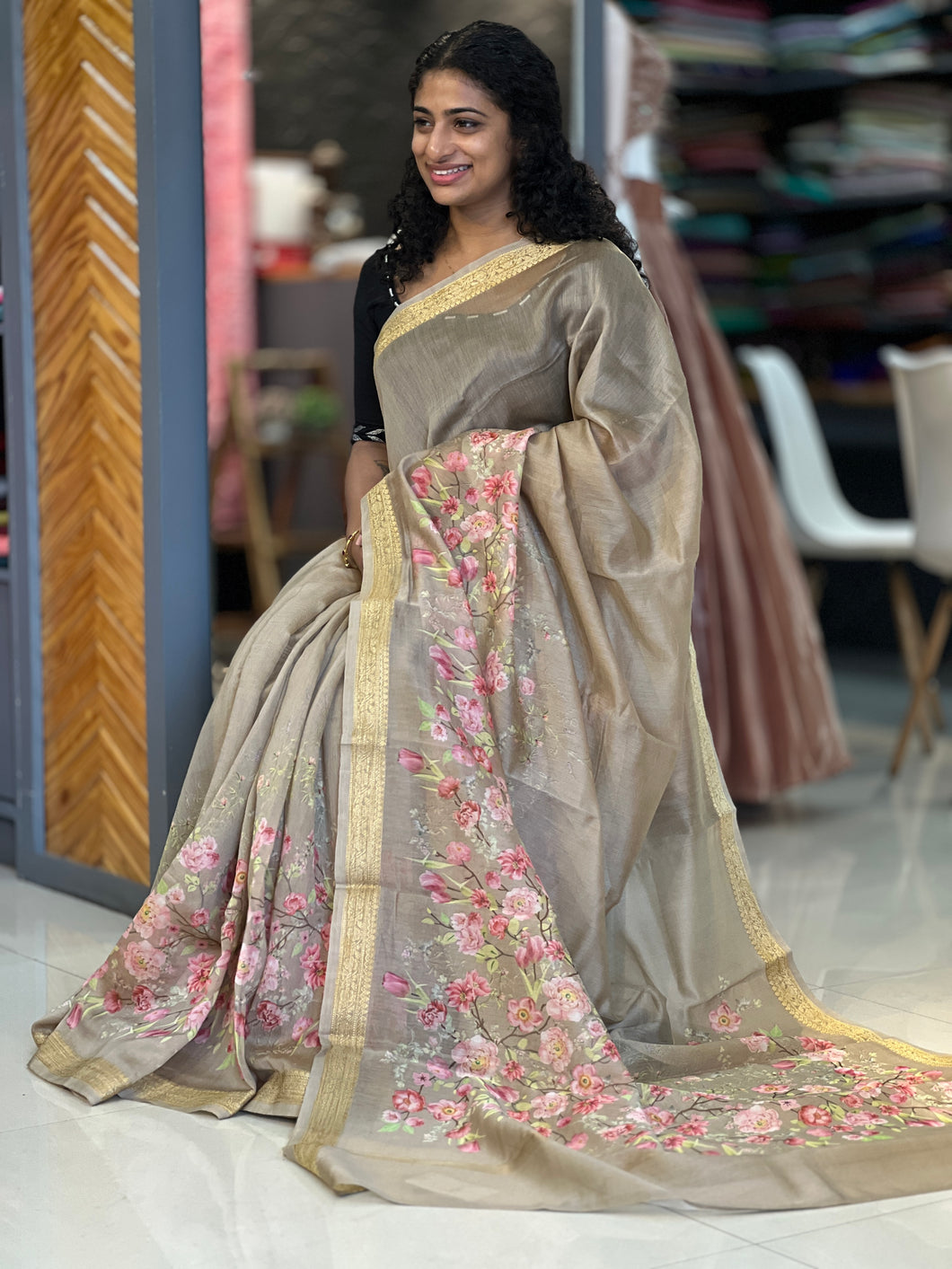 Floral Printed Spun Chanderi Saree | RGD164