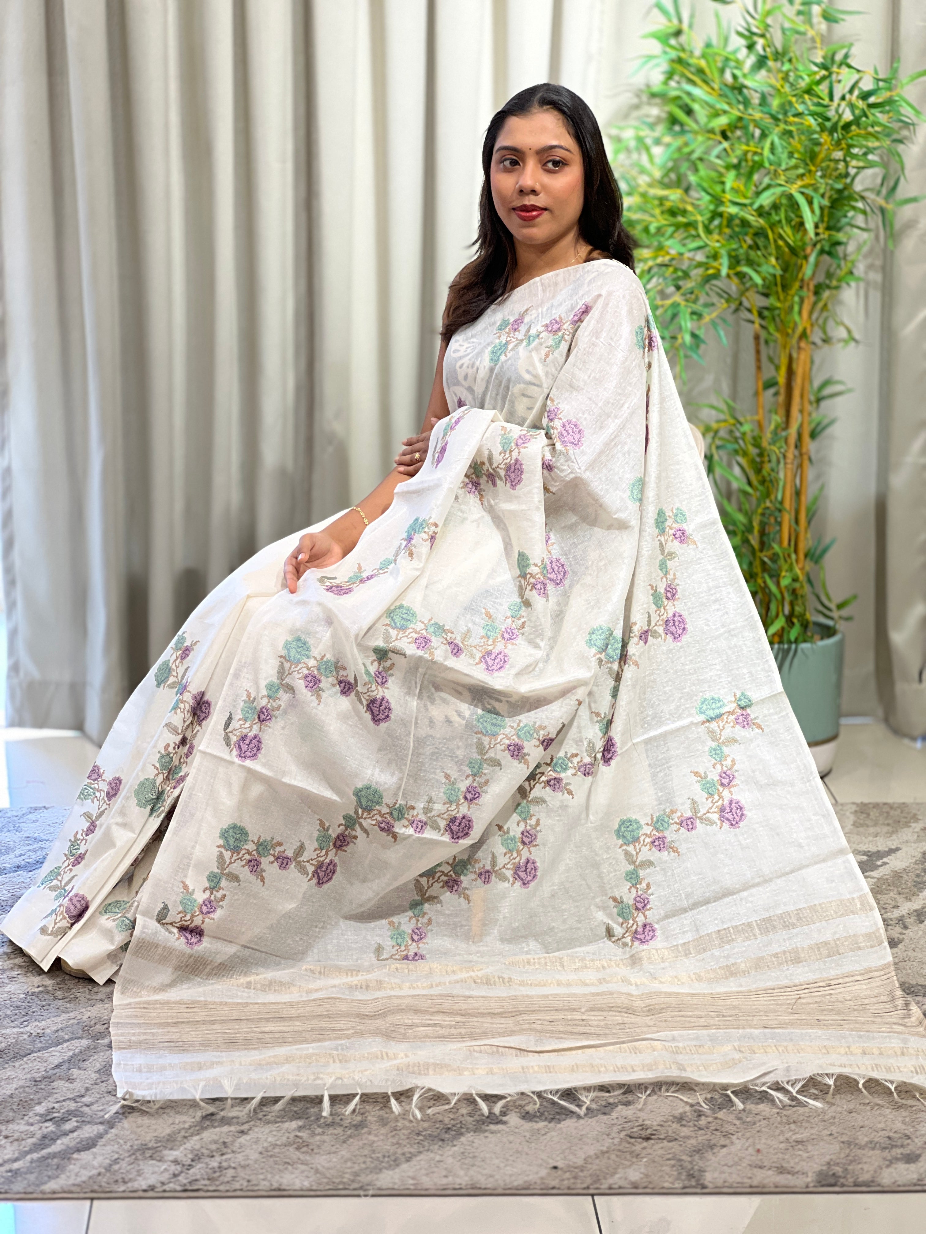 Cross Stitch Embroidery Noil Tussar Saree | HS1418