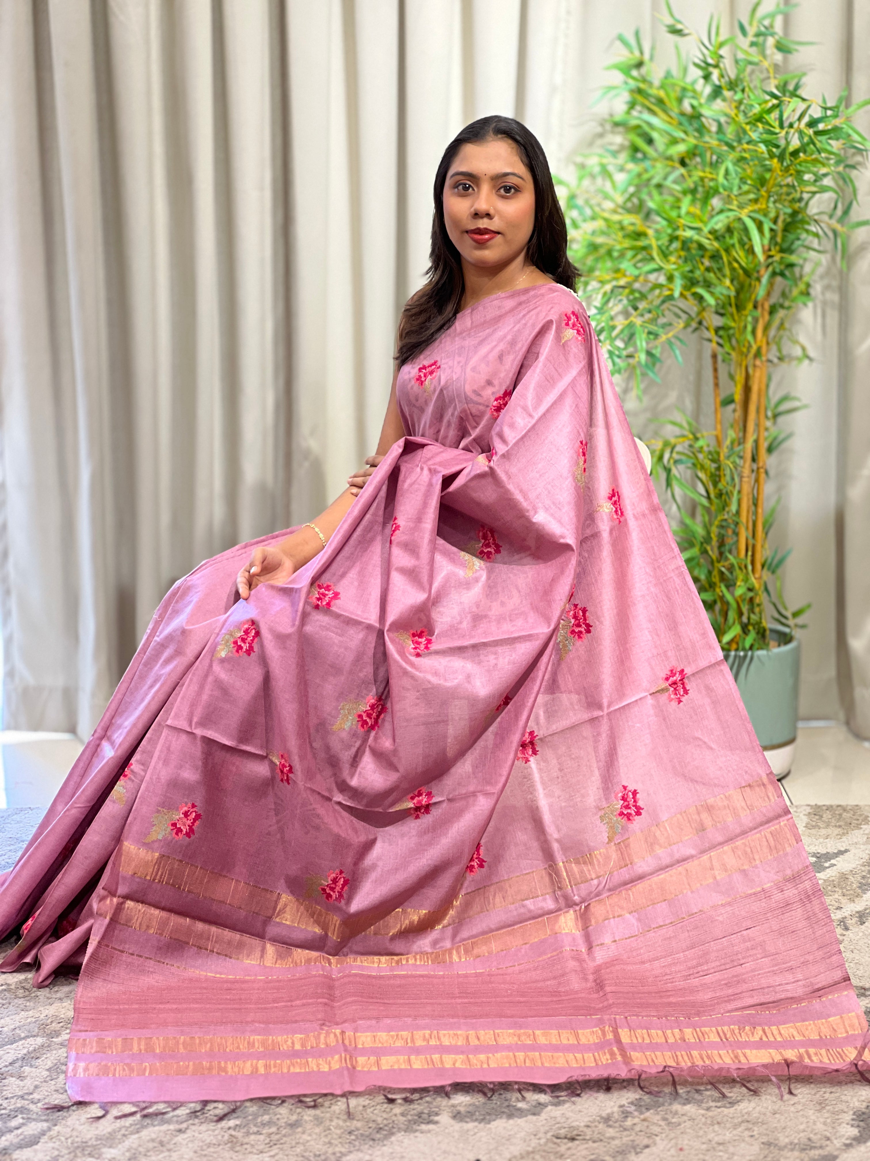 Cross Stitch Embroidery Noil Tussar Saree | HS1431