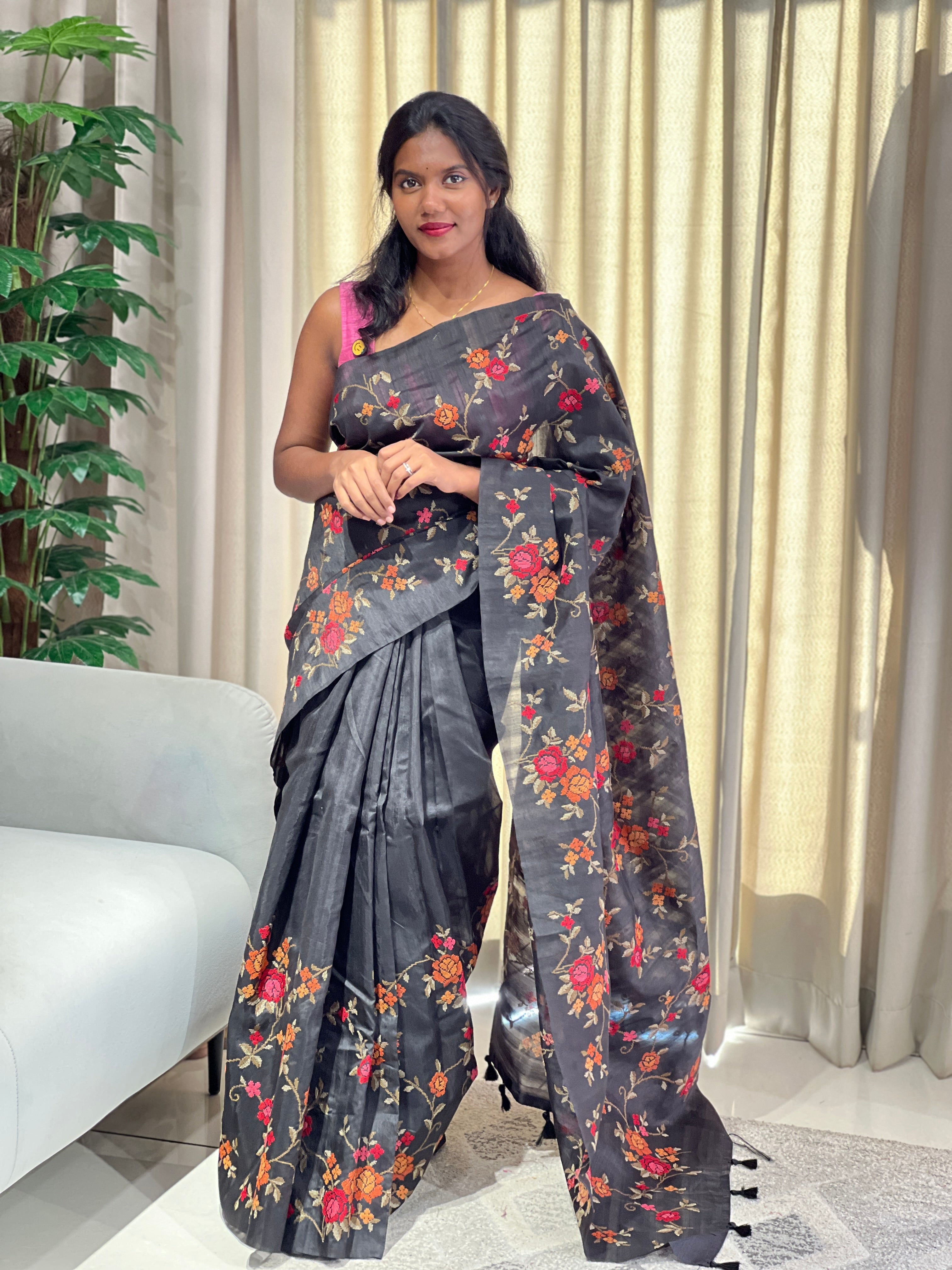 Floral Cross Stitch Embroidery Detailed Tussar Finish Saree | YNG981