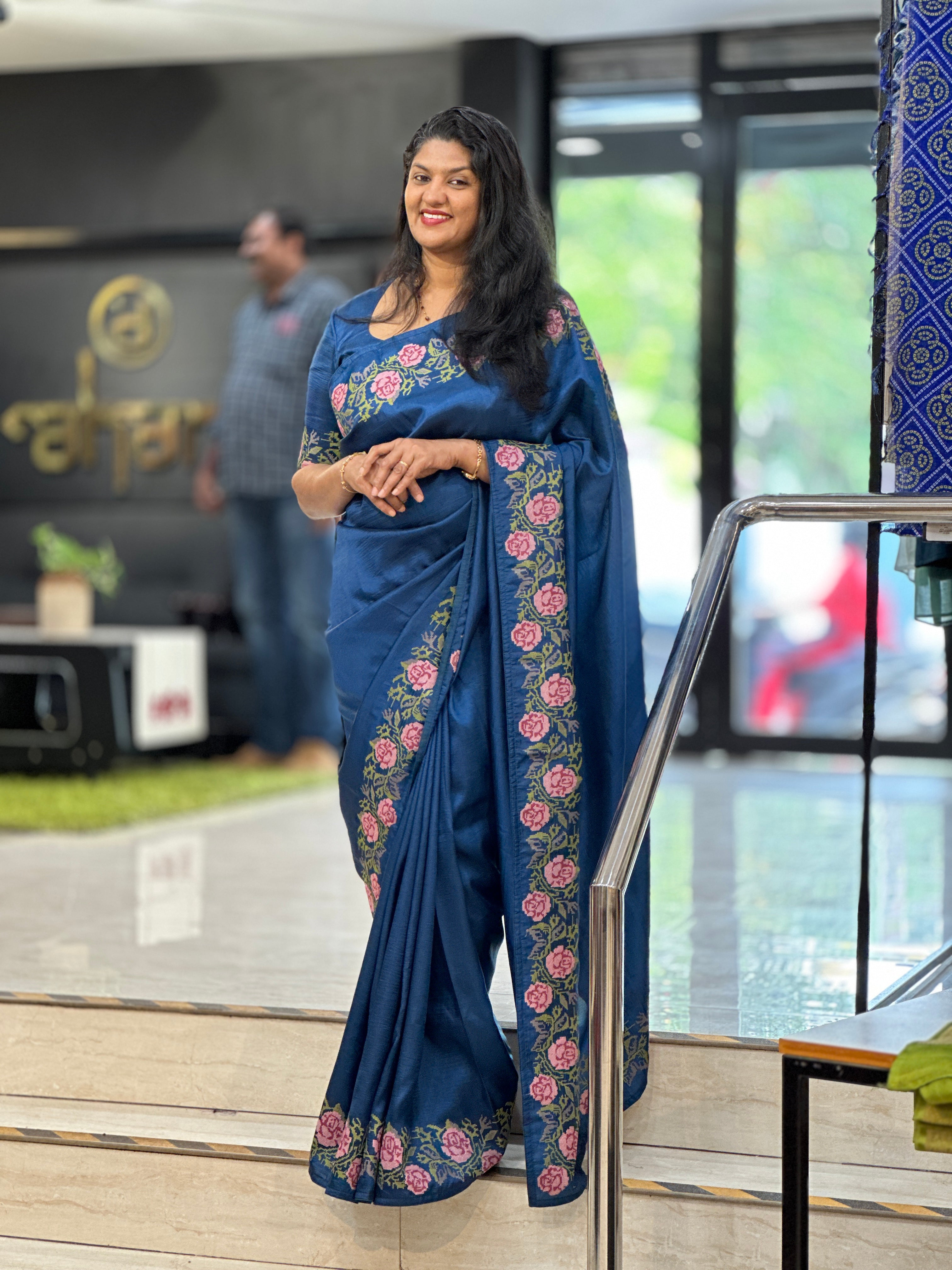 Cross Stitch Floral Embroidery Pattern Semi Tussar Saree | SUN780