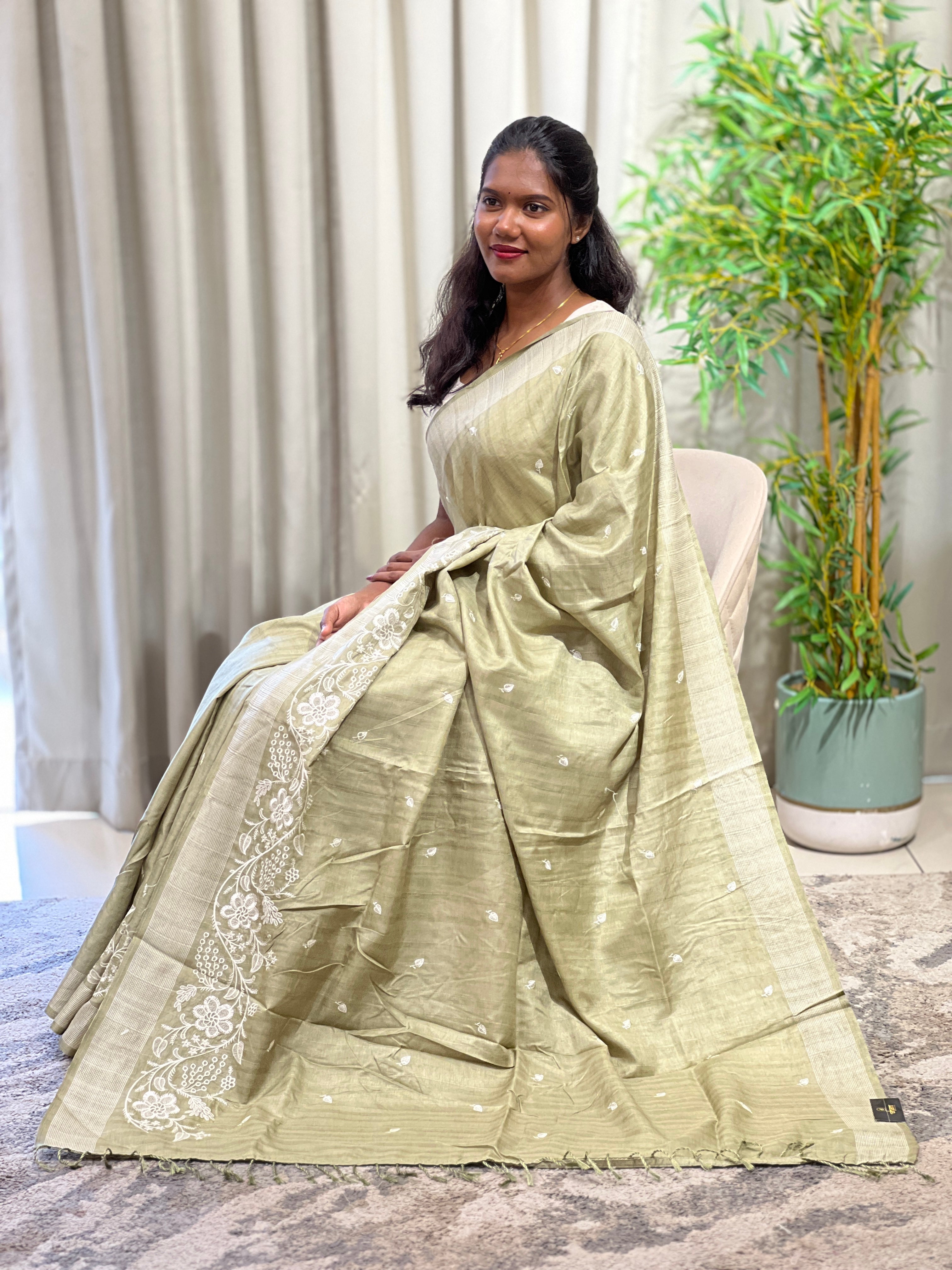 Embroidered Buta Pattern Tussar Saree | SUN823