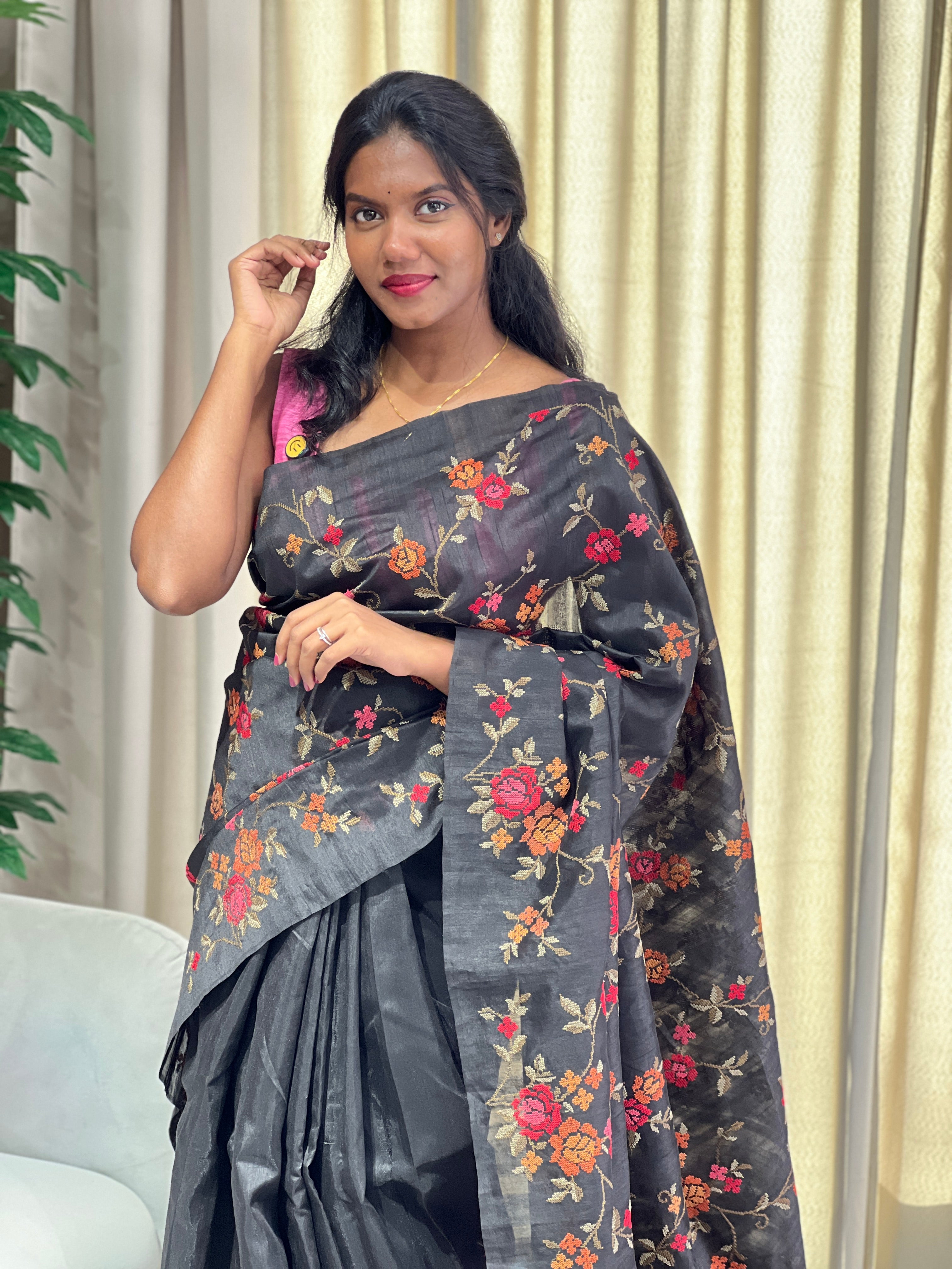 Floral Cross Stitch Embroidery Detailed Tussar Finish Saree | YNG981