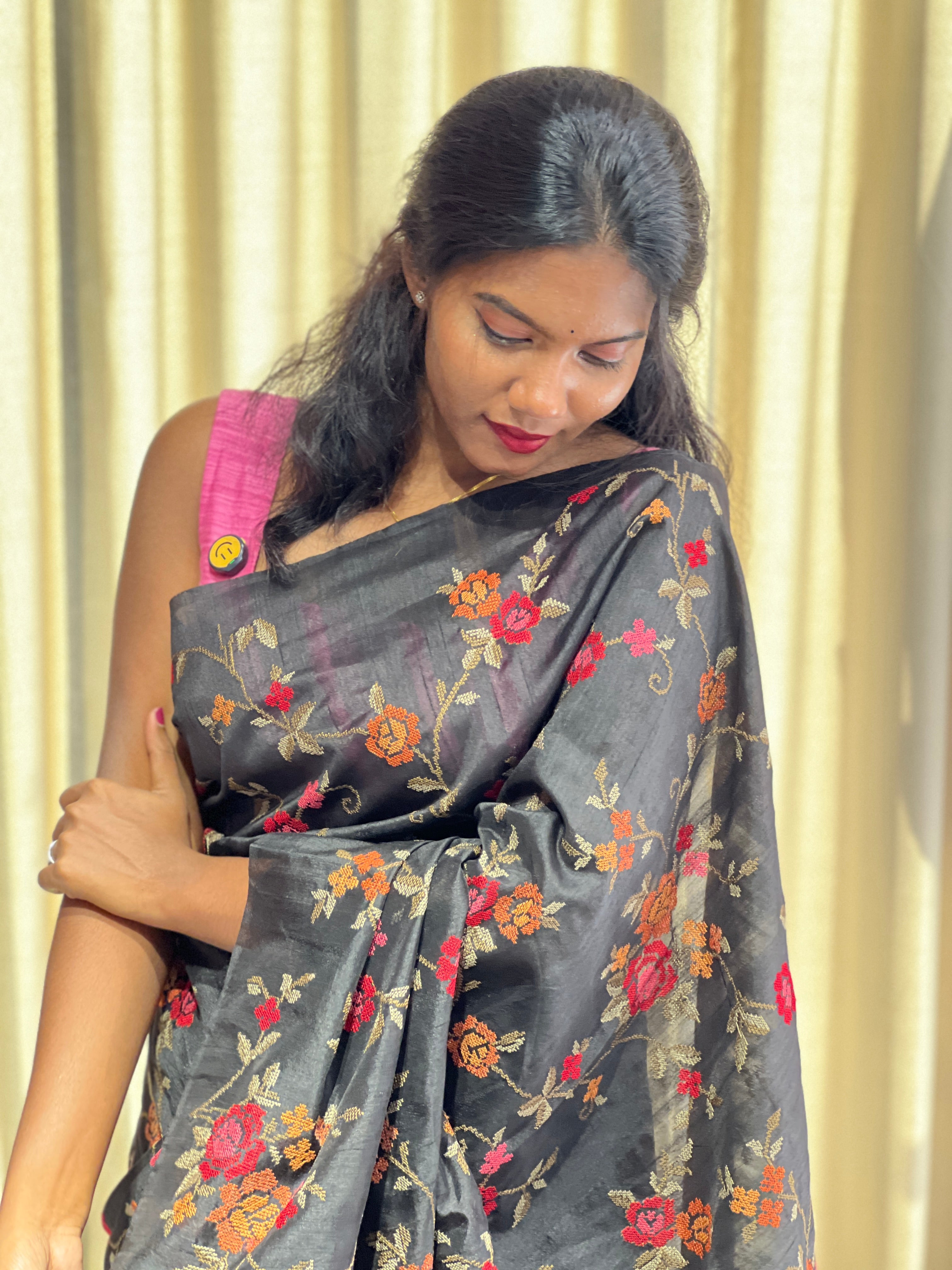 Floral Cross Stitch Embroidery Detailed Tussar Finish Saree | YNG981