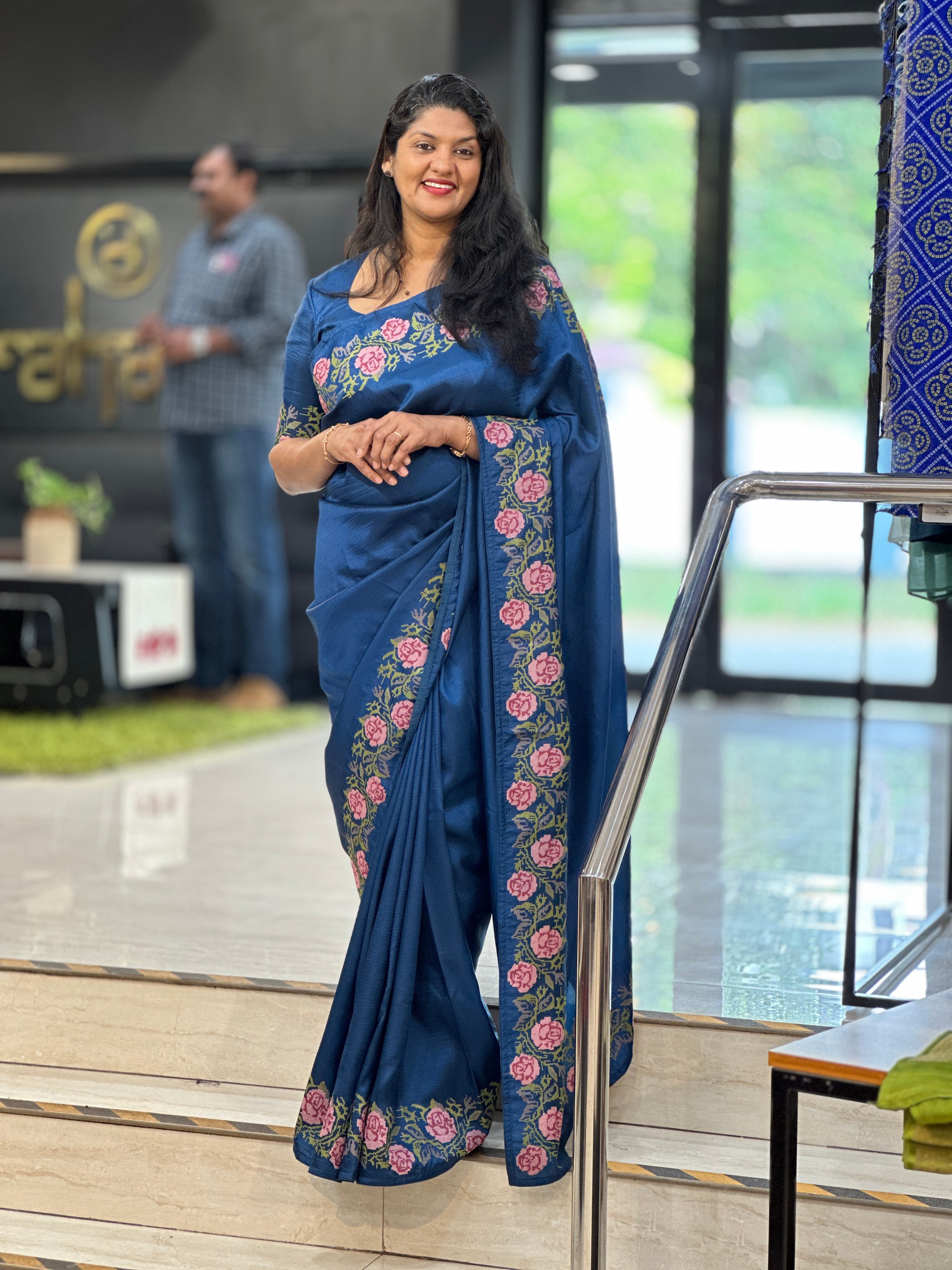 Cross Stitch Floral Embroidery Pattern Semi Tussar Saree | SUN780