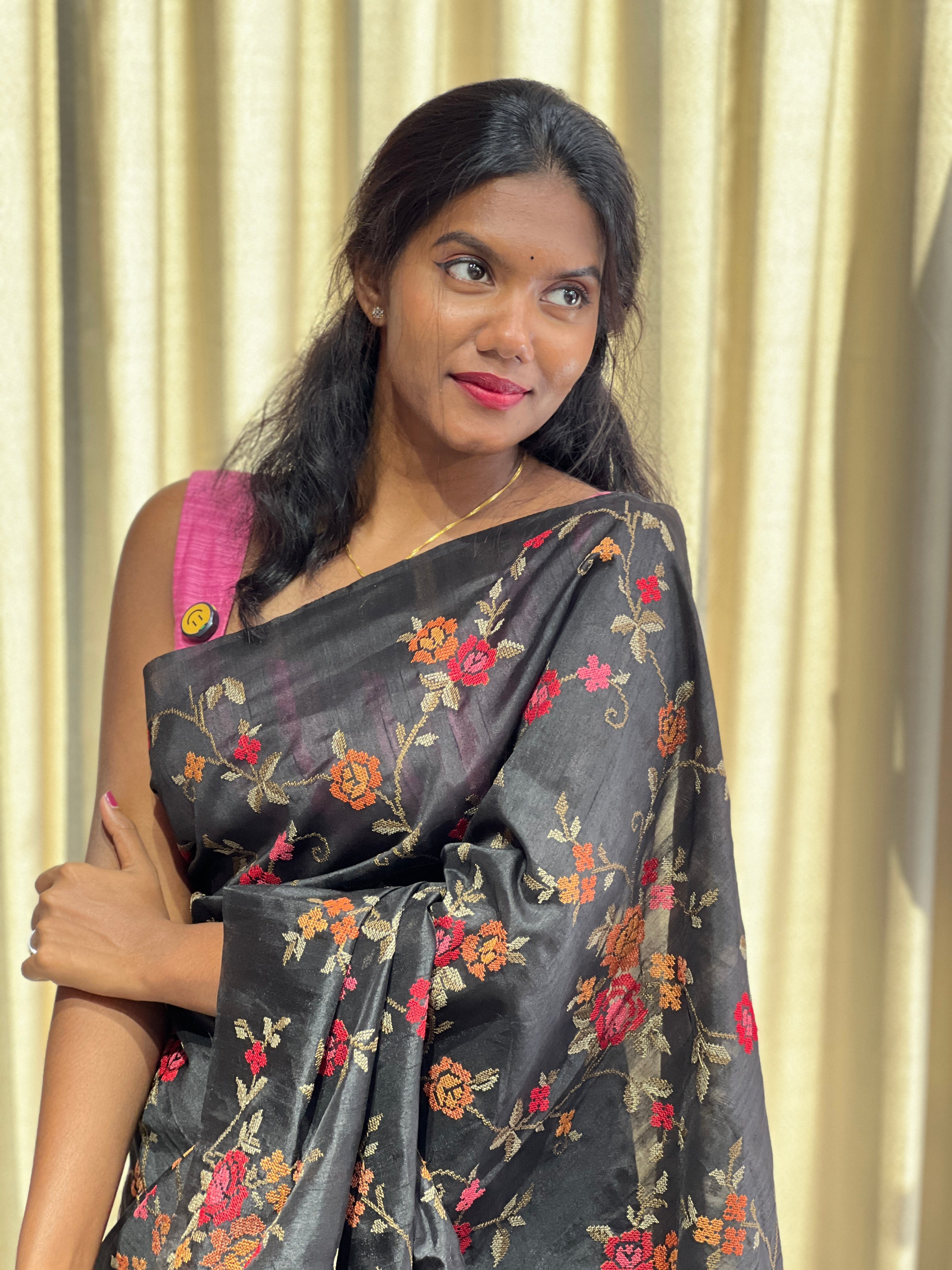 Floral Cross Stitch Embroidery Detailed Tussar Finish Saree | YNG981