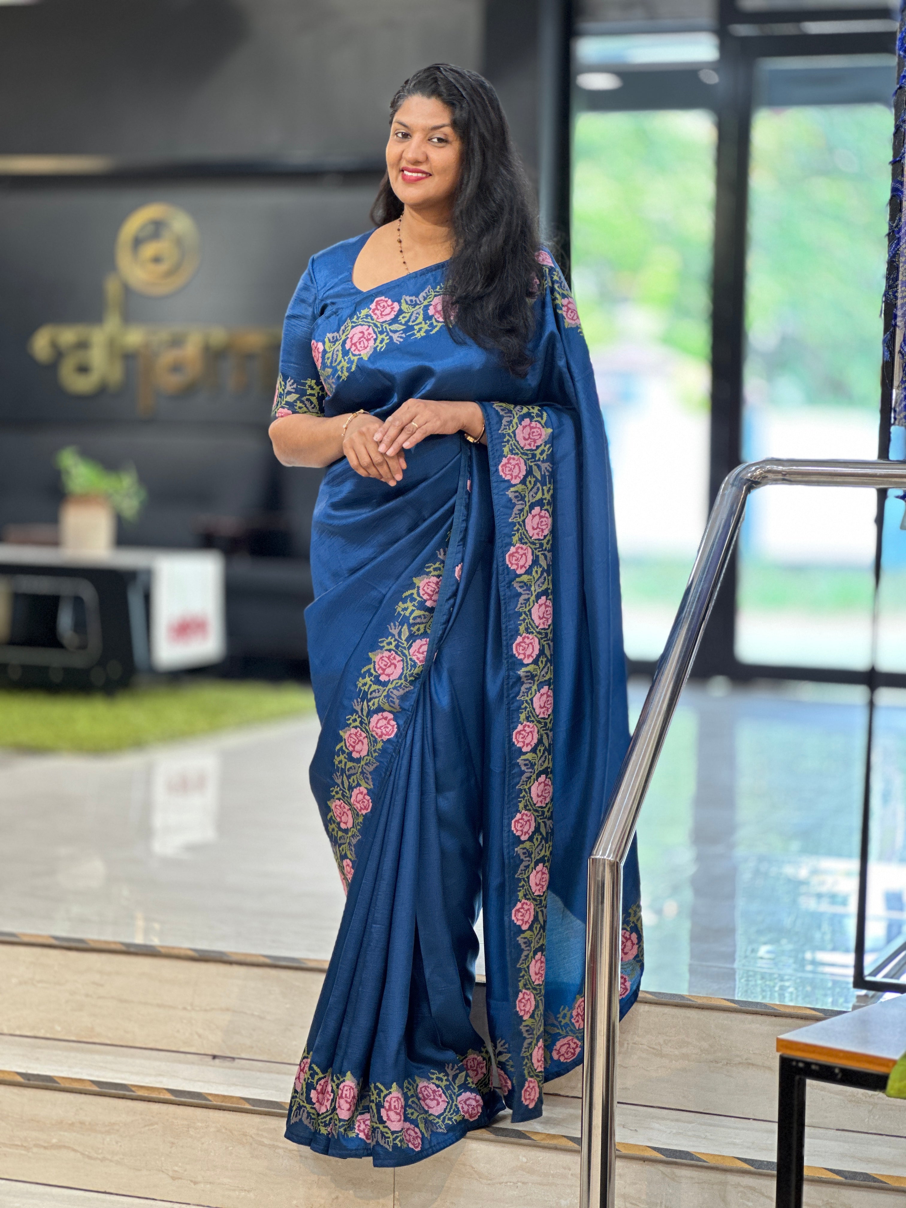 Cross Stitch Floral Embroidery Pattern Semi Tussar Saree | SUN780