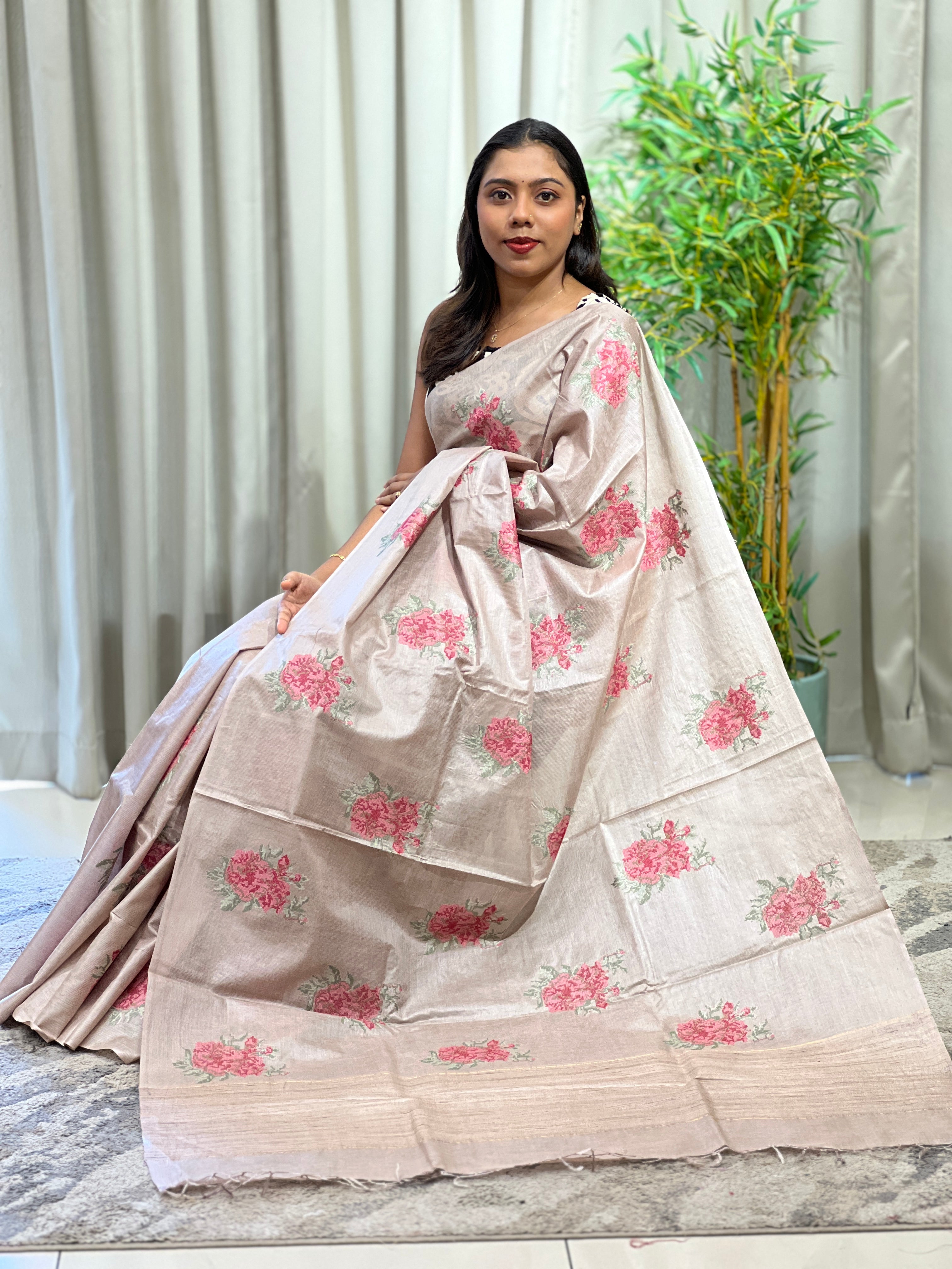 Cross Stitch Embroidery Noil Tussar Saree | HS1435