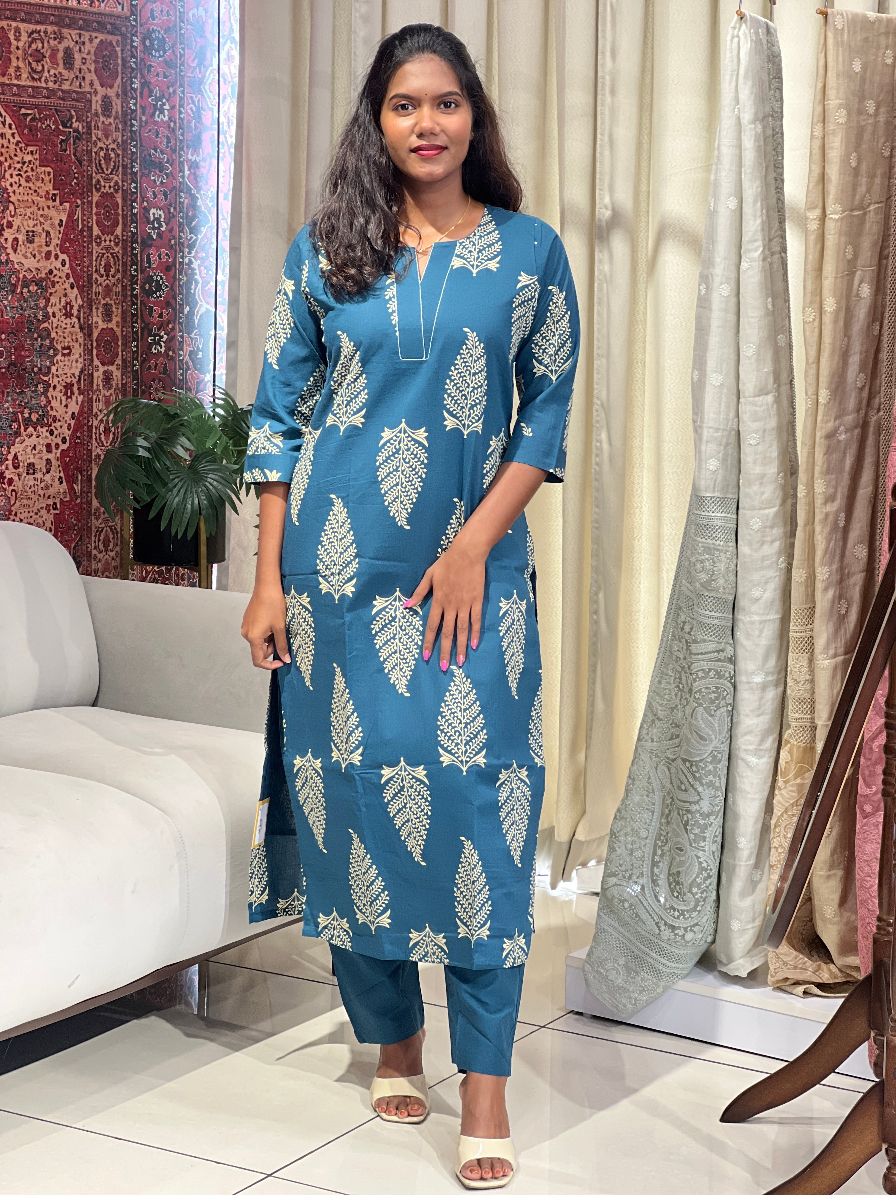 Leaf Printed Design Cotton Kurta Set