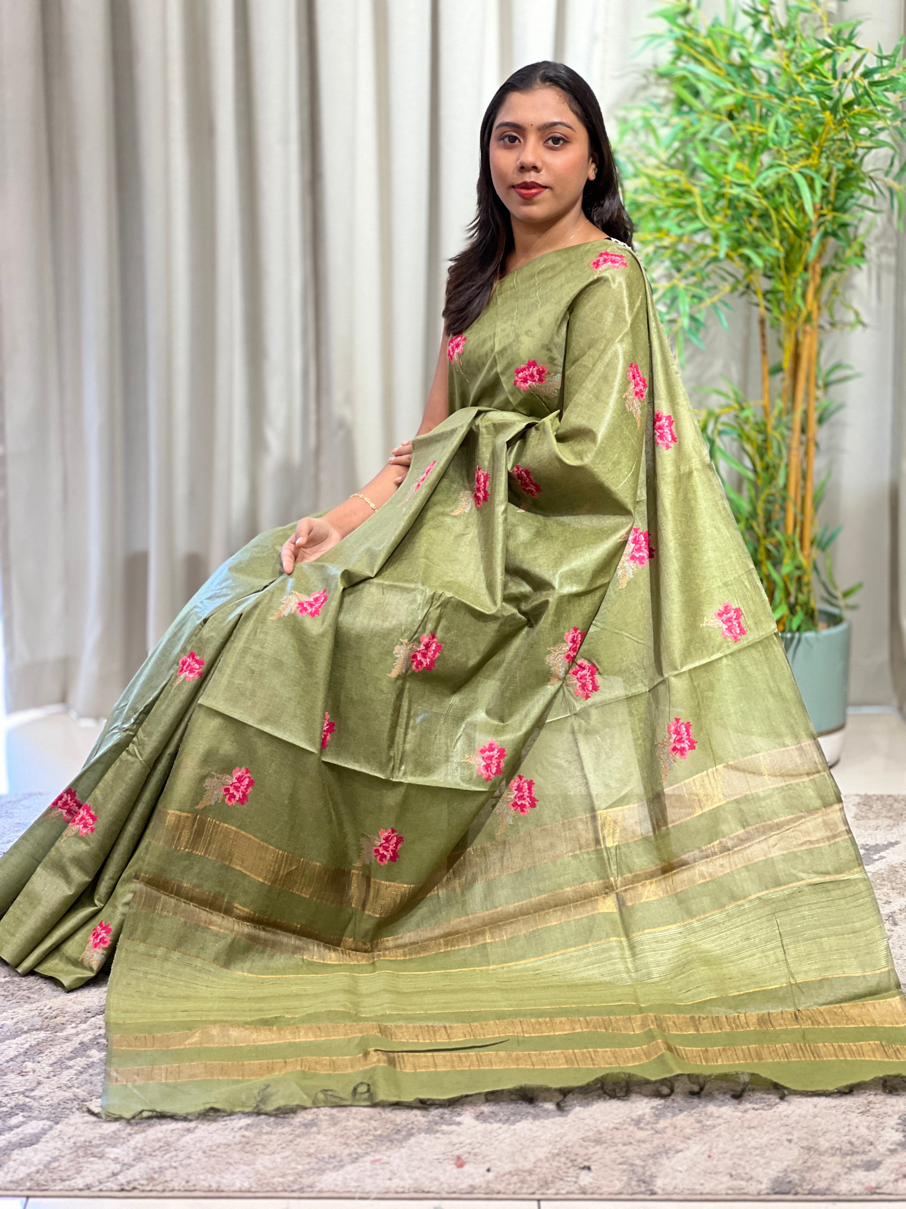 Cross Stitch Embroidery Noil Tussar Saree  | HS1432