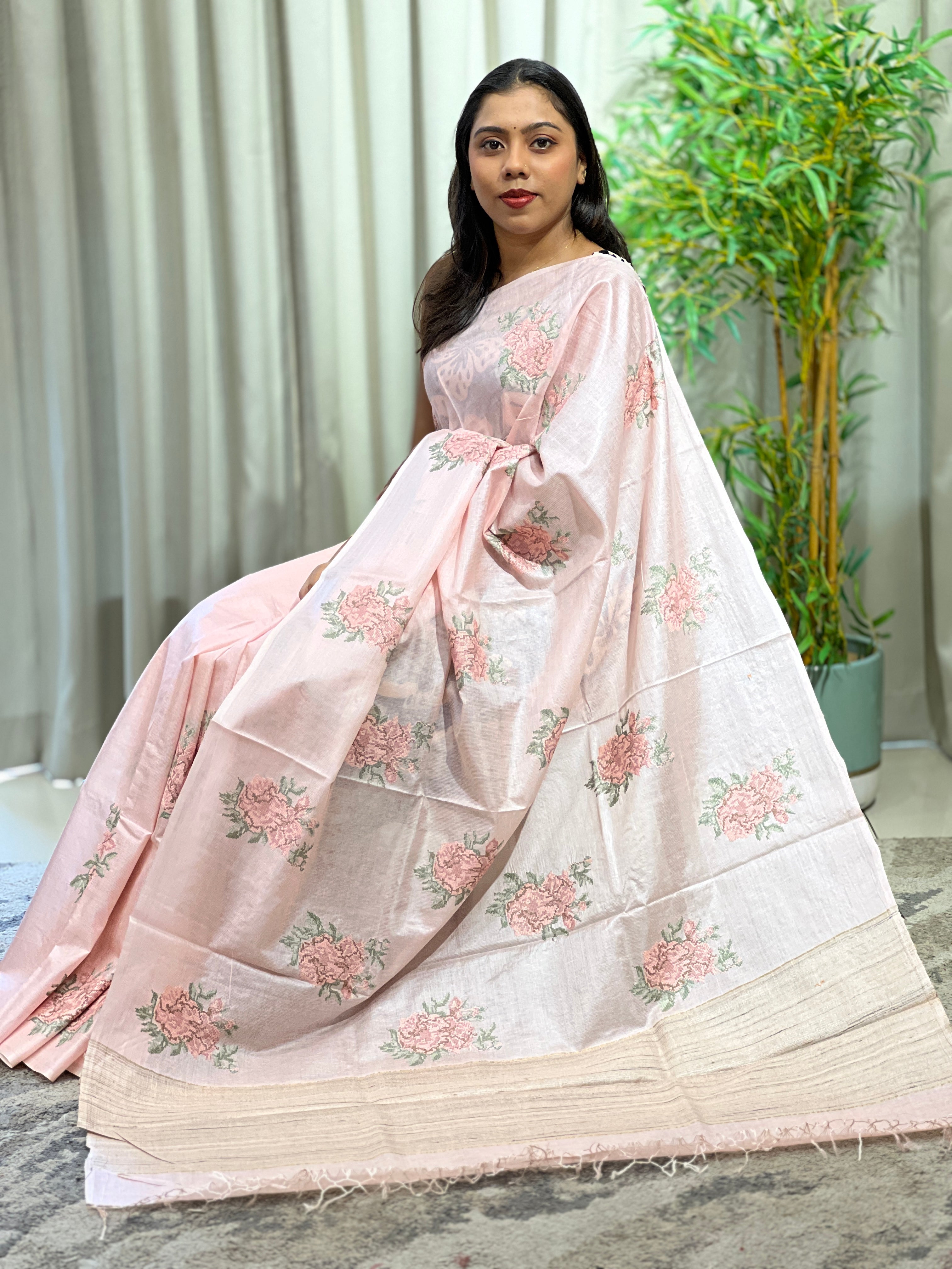 Cross Stitch Embroidery Noil Tussar Saree | HS1437