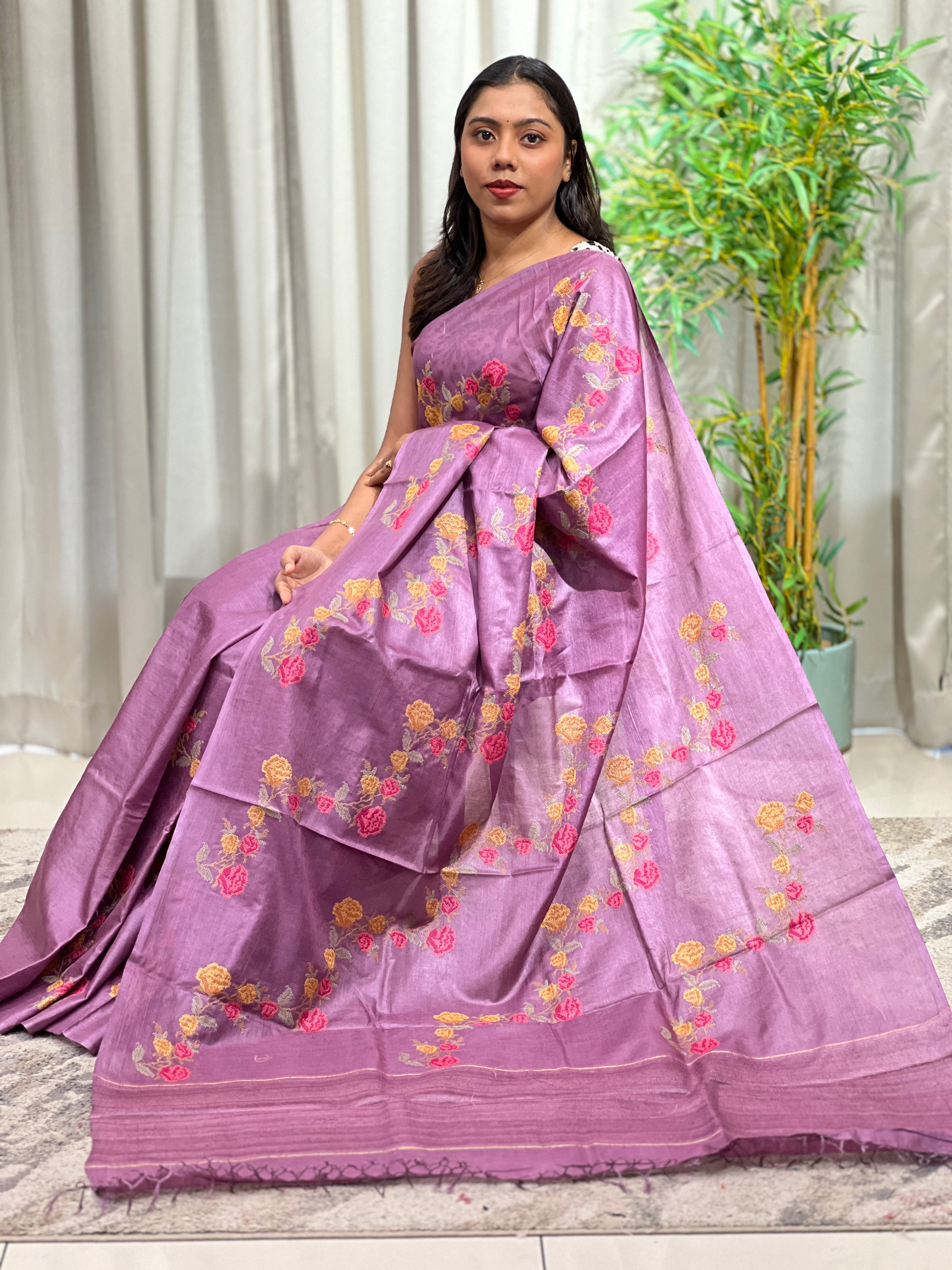 Cross Stitch Embroidery Noil Tussar Saree | HS1419