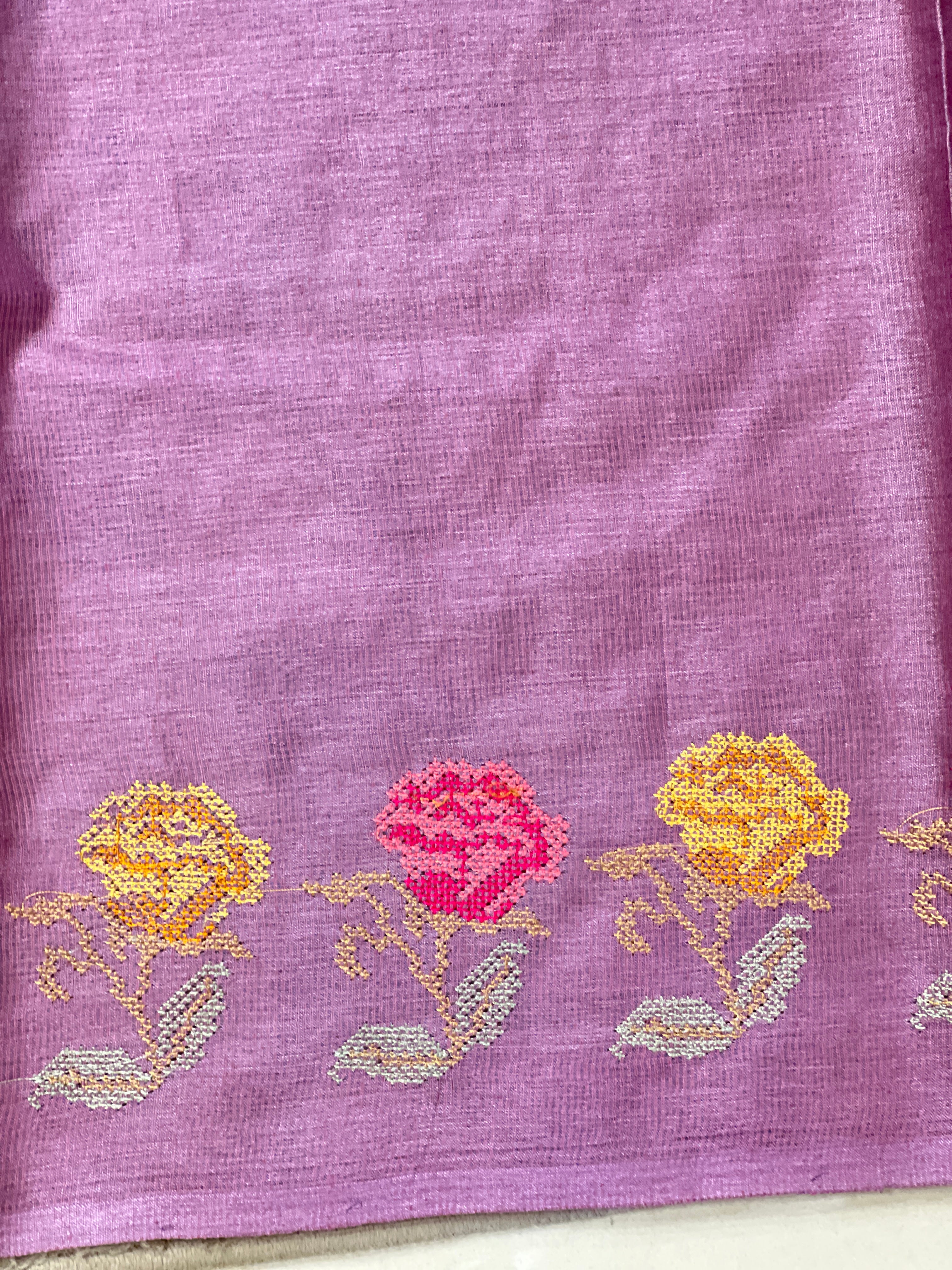 Cross Stitch Embroidery Noil Tussar Saree | HS1419