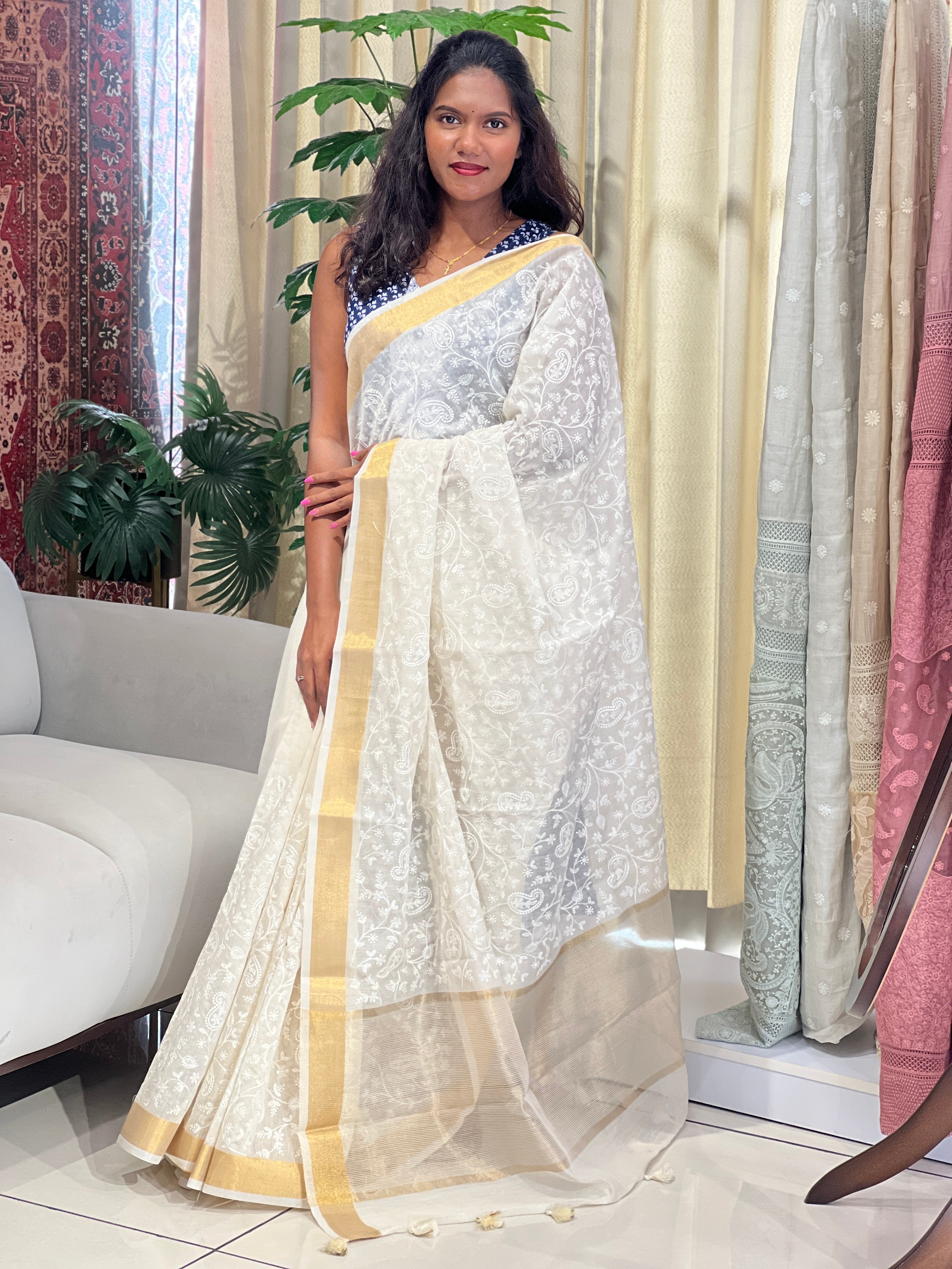 Machine Embroidery Chanderi Finish Saree | MR490