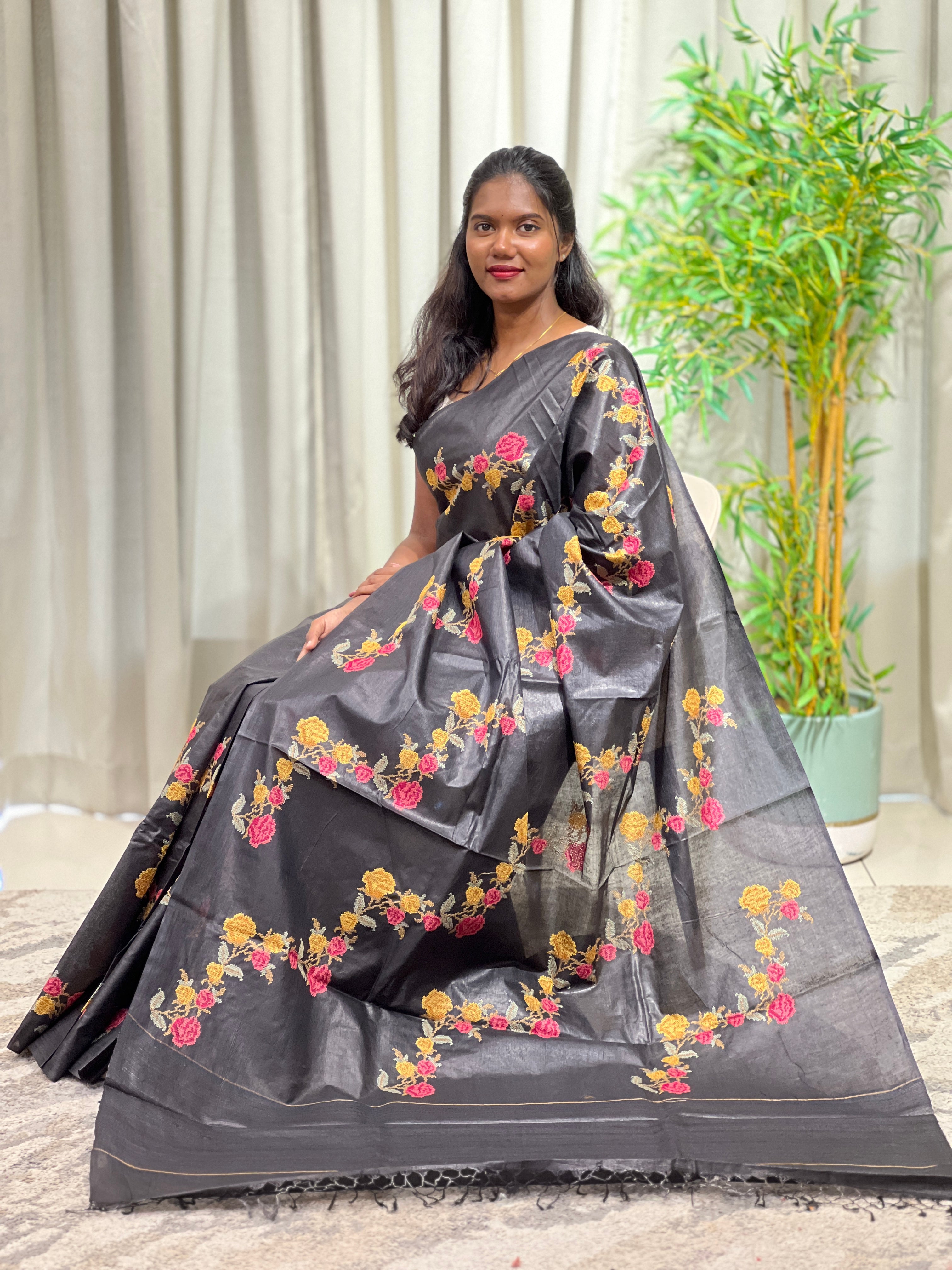 Cross Stitch Embroidery Noil Tussar Saree | HS1422