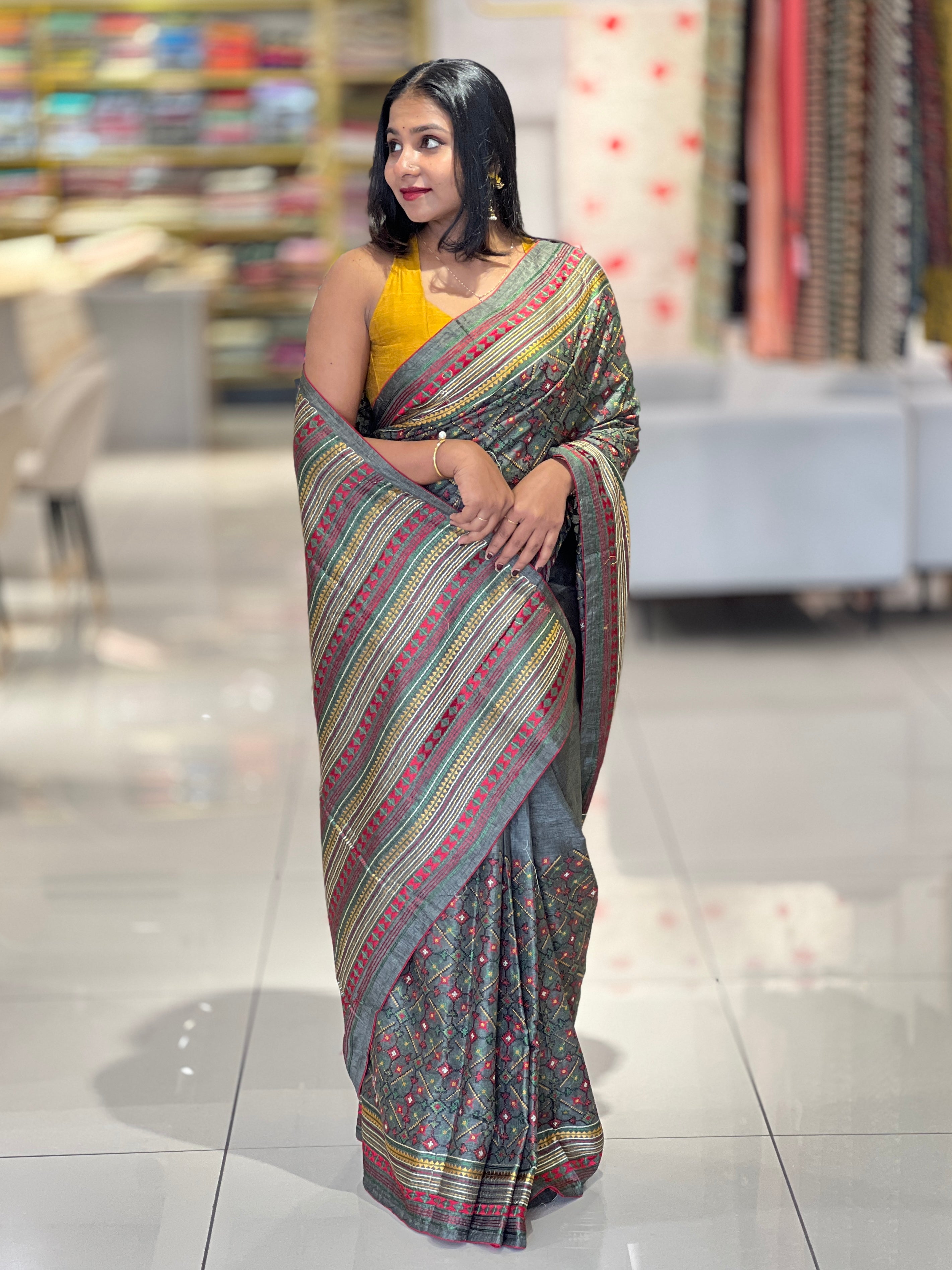 Multi-Colour Thread Embroidery Detailed Tussar Finish Saree | SUN498